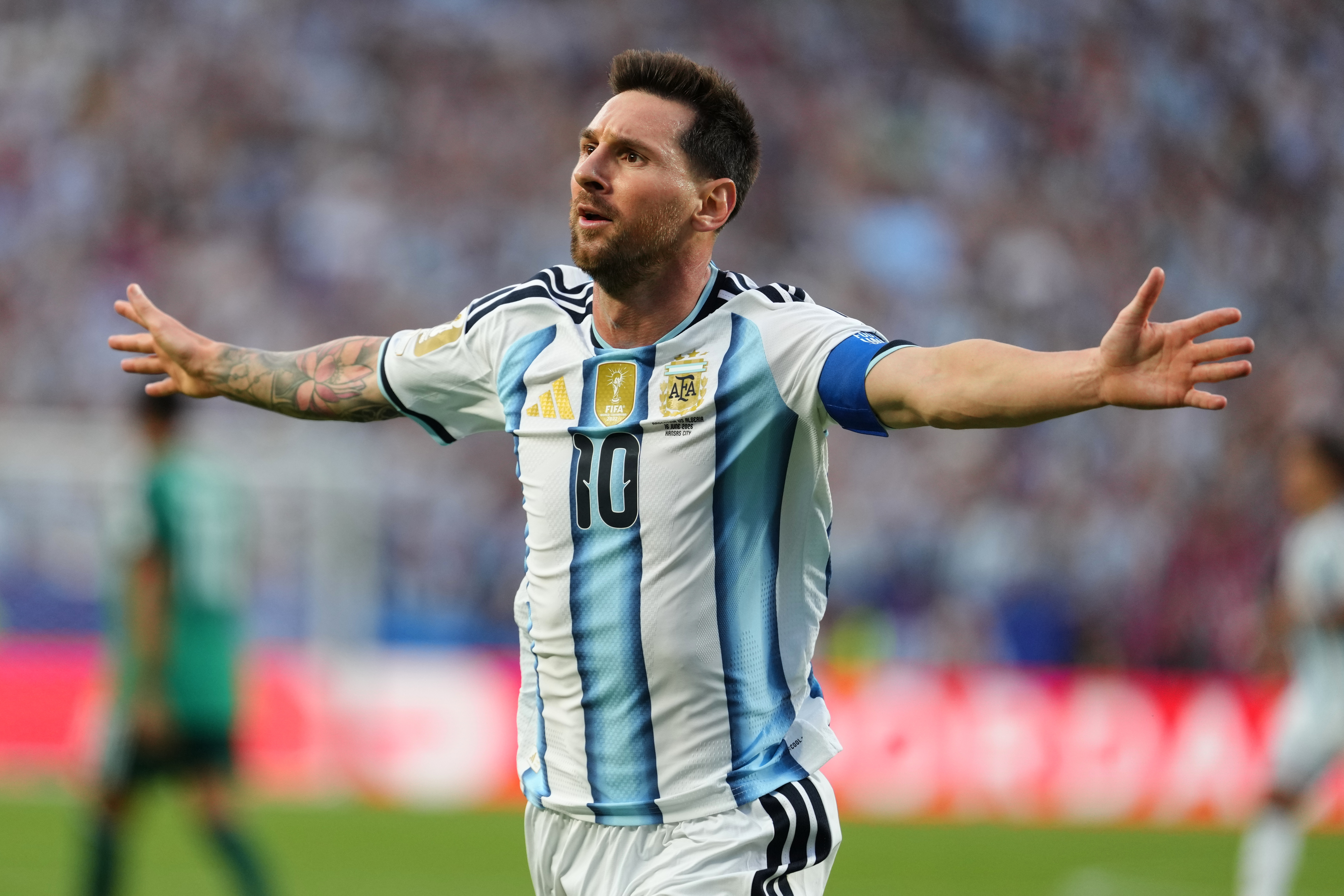 Argentina's Lionel Messi (10) celebrates after scoring the opening goal during the World Cup Group J soccer match between Argentina and Algeria in Kansas City, Mo., Tuesday, June 16, 2026.