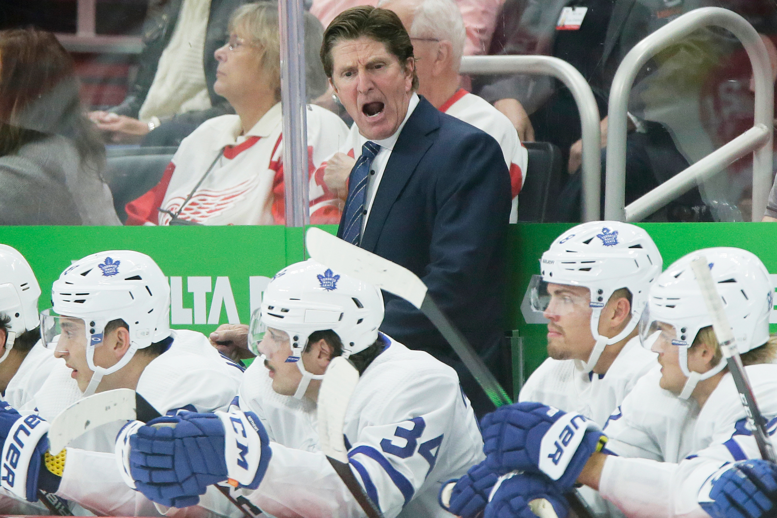 FILE - Toronto Maple Leafs head coach Mike Babcock during the third period of an NHL hockey game against the Detroit Red Wings, Oct. 12, 2019, in Detroit.