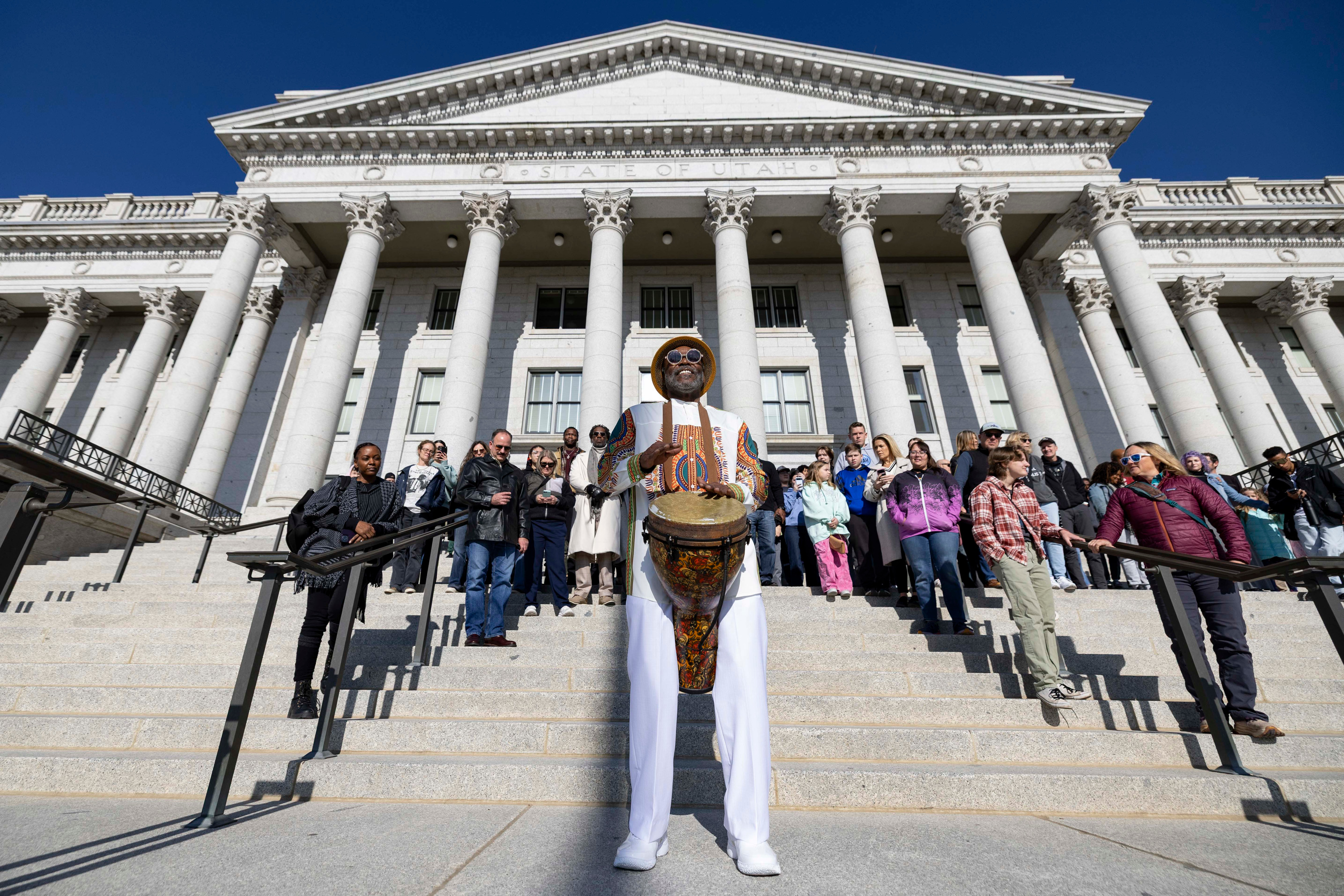 Everett Spencer, “The Messenger,” drums on the steps of the Capitol in Salt Lake City as attendees prepare to march to the Eccles Theater during the Utah Martin Luther King Day Celebration on Jan. 19. NPR reporter Alana Wise said the true spirit of Juneteenth lies in uplifting members of the Black community and honoring their legacy, just as people do on Martin Luther King Day.