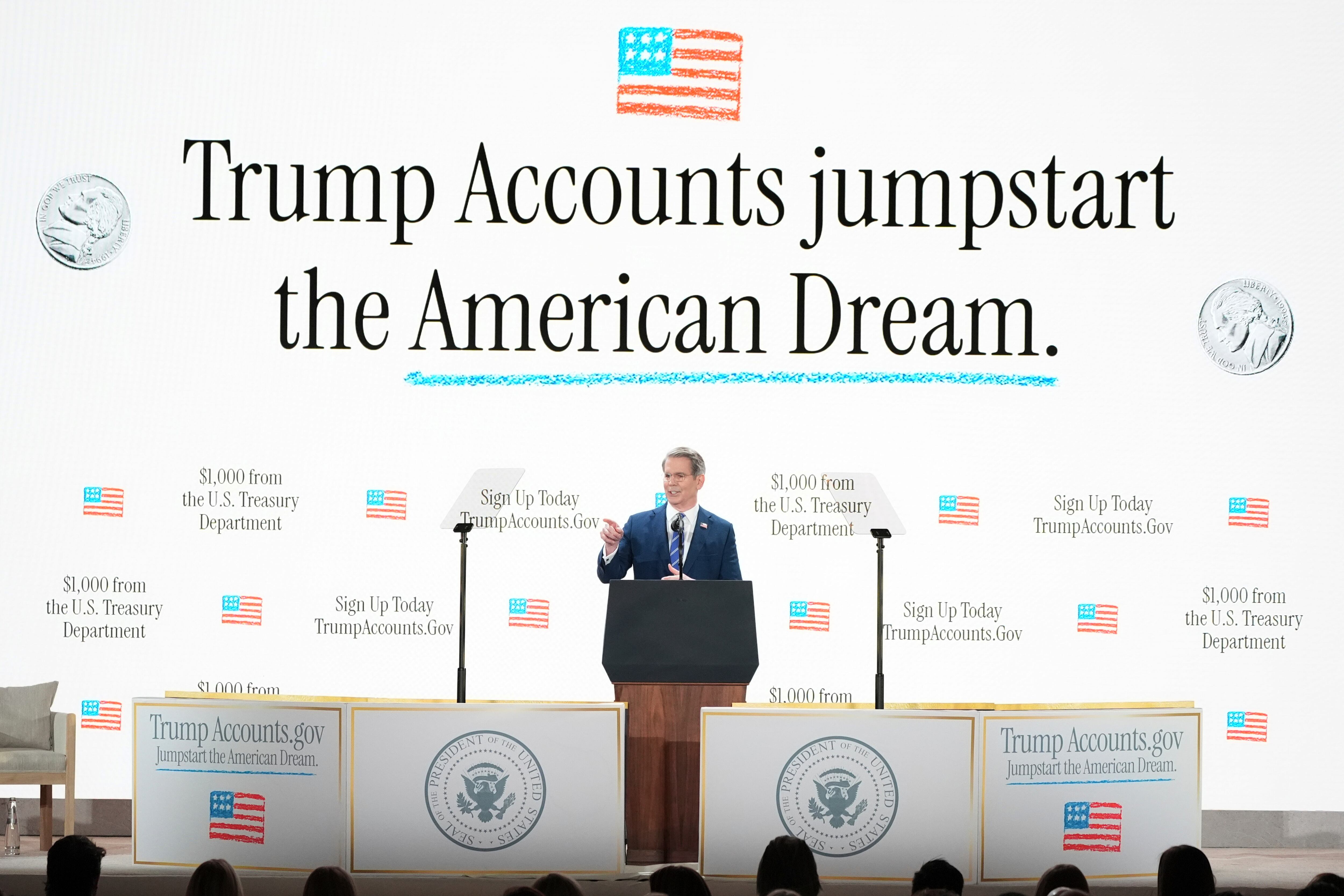 Treasury Secretary Scott Bessent speaks during the launch of a program known as Trump Accounts at the Andrew W. Mellon Auditorium, Wednesday, Jan. 28, 2026, in Washington.