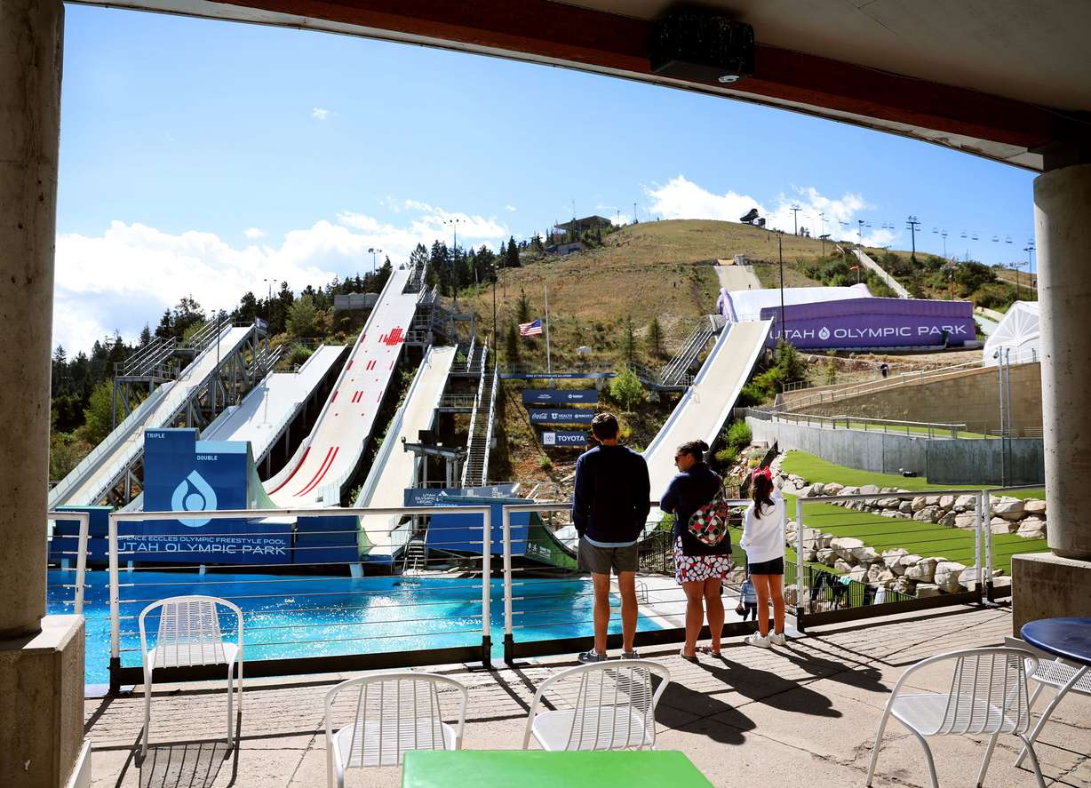 People look out onto the freestyle pool from the Legacy Center at the Utah Olympic Park in Park City on Sept. 12, 2024.