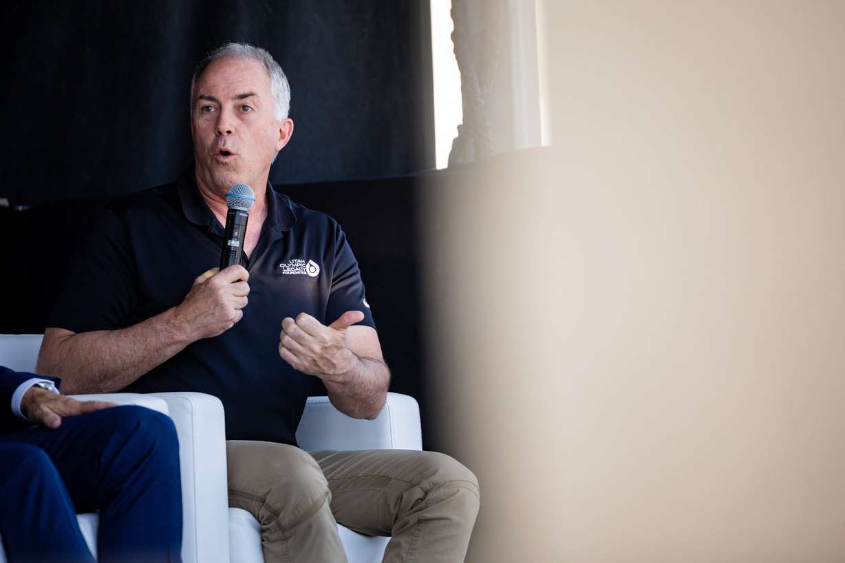 Colin Hilton, president and CEO of Utah Olympic Legacy Foundation, speaks in a “Utah's Olympic and Paralympic Journey” panel at the fifth annual Sports Tourism Symposium at America First Field in Sandy on Wednesday.
