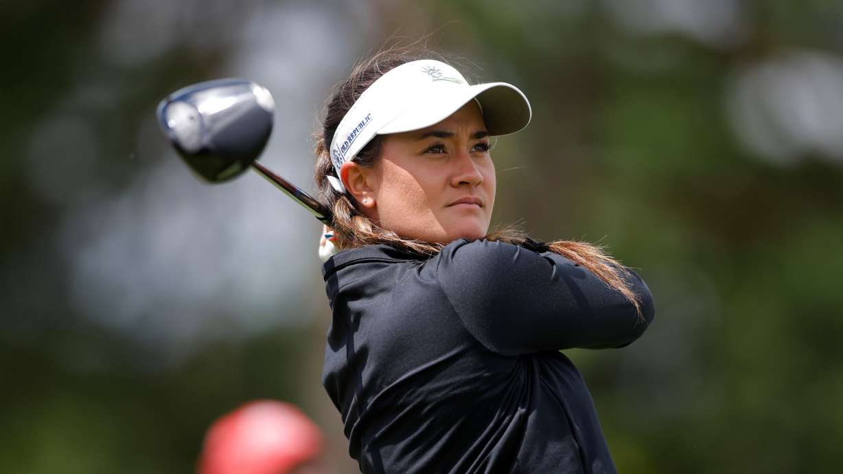 Kiara Romero watches her tee shot on the ninth hole during the first round of the Meijer LPGA Classic golf tournament, Thursday, June 18, 2026, in Belmont, Mich.