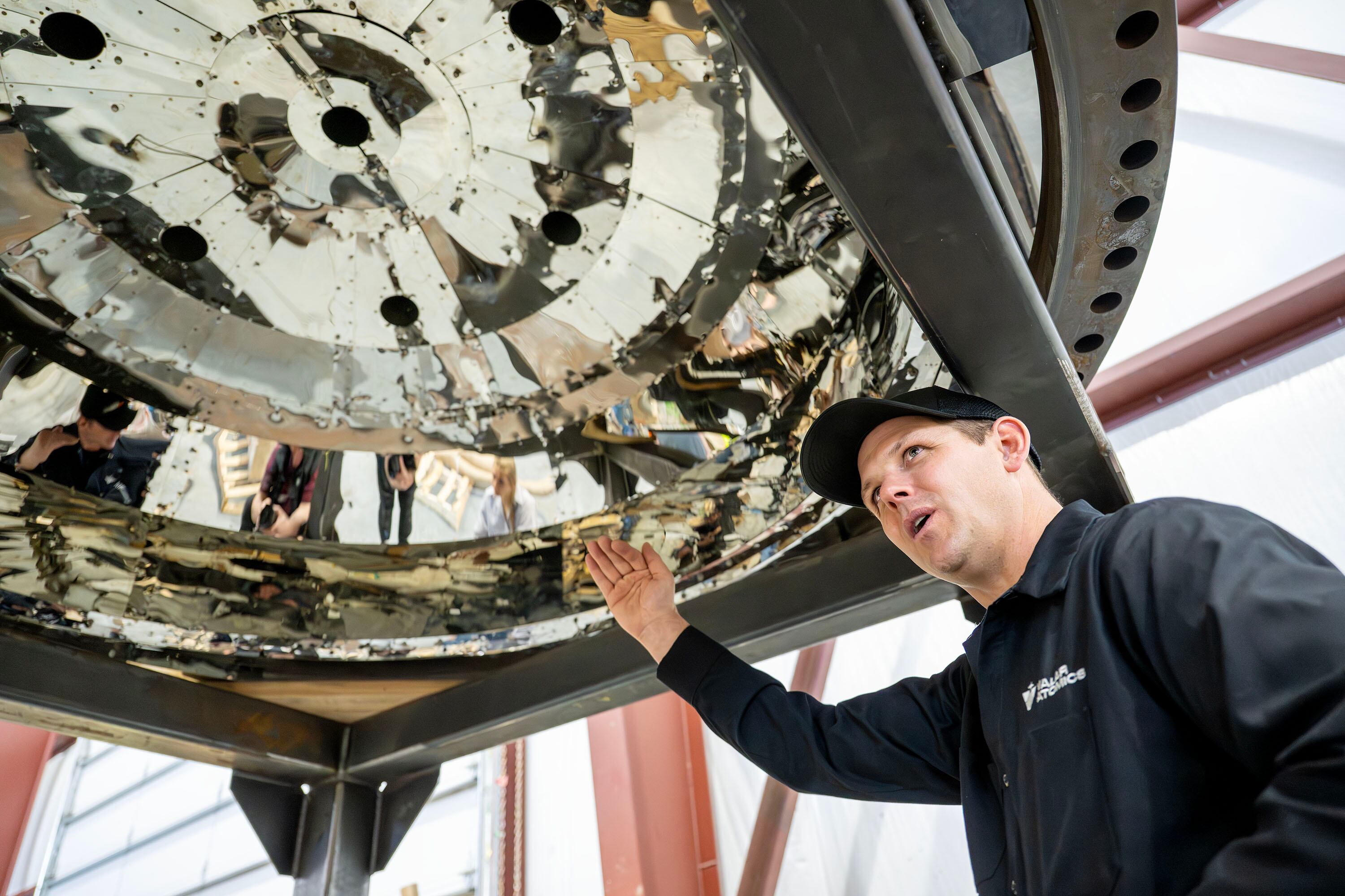 Jess Housekeeper, director of Utah operations for Valar Atomics, shows the top of the reactor as work continues on the facility at Valar Atomics in Orangeville on March 10, 2026, for a small modular reactor.