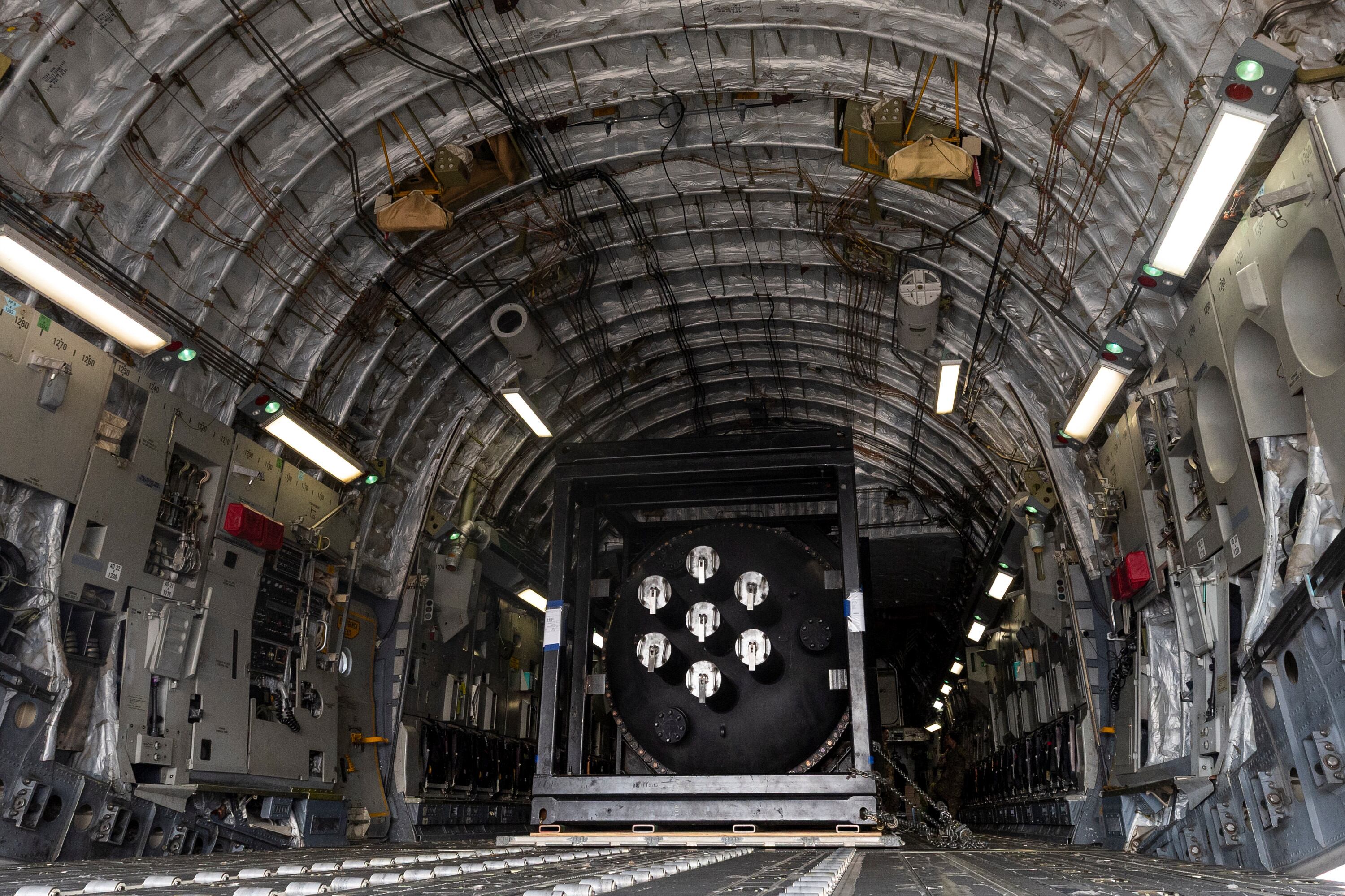 A Valar Atomics Ward250 reactor sits in the back of a U.S. Air Force C-17 Globemaster III after being flown from California to Hill Air Force Base in Clearfield on Feb. 15.