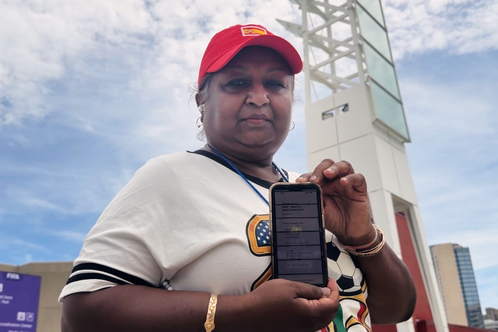 Bina Ramroop holds proof of the ticket she bought through StubHub for the World Cup Group H soccer match between Spain and Cape Verde in Atlanta on Monday, June 15, 2026.