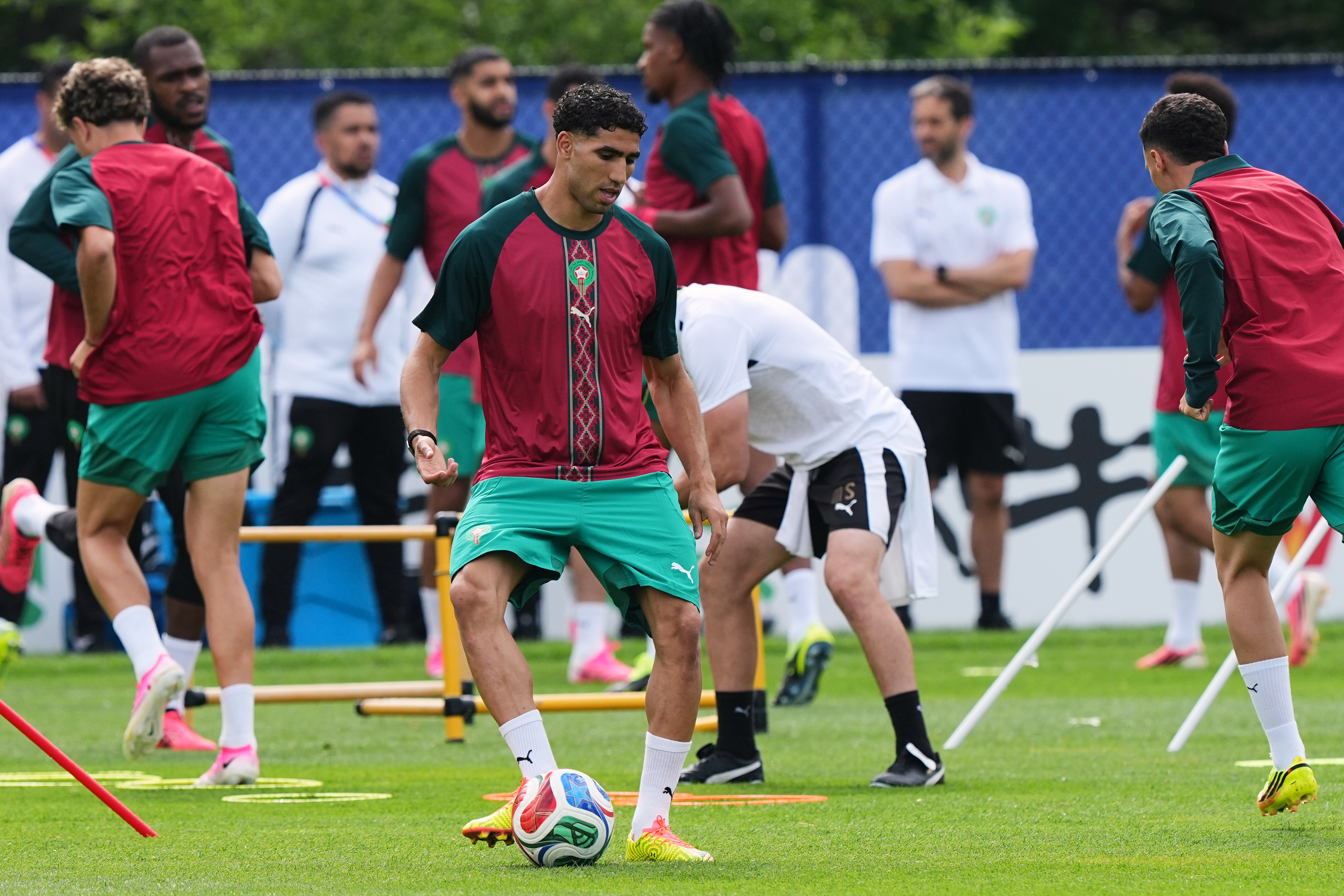 Morocco's Achraf Hakimi exercises during a training session ahead of the World Cup Group C soccer match between Scotland and Morocco in Foxborough, Mass., near Boston, Thursday, June 18, 2026.