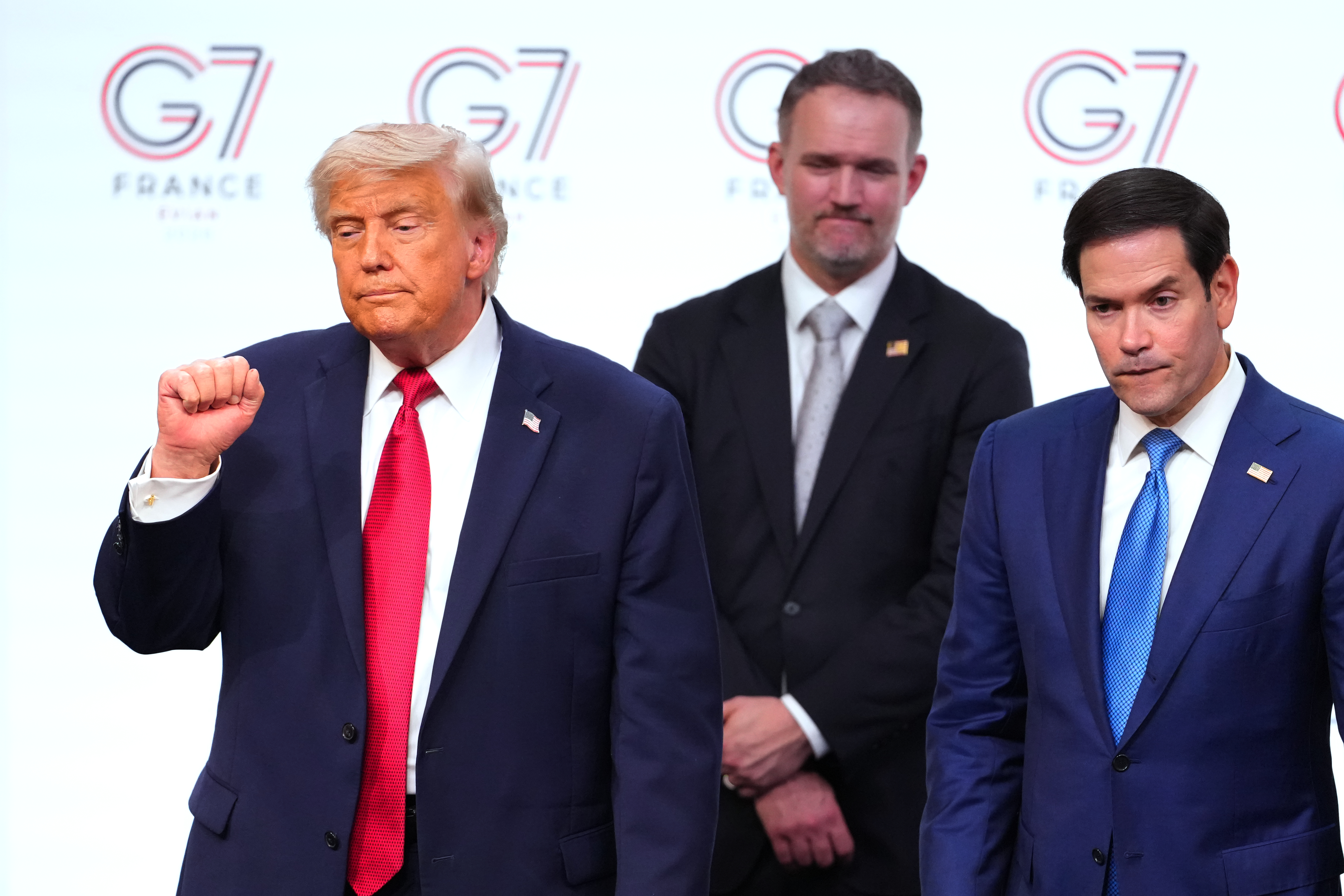 President Donald Trump leaves the stage with Secretary of State Marco Rubio and Trade Representative Jamieson Greer after a media conference at the end of the G7 summit in Evian-les-Bains, France, June 17. Trump is invoking Section 338 to impose new tariffs on Canada.