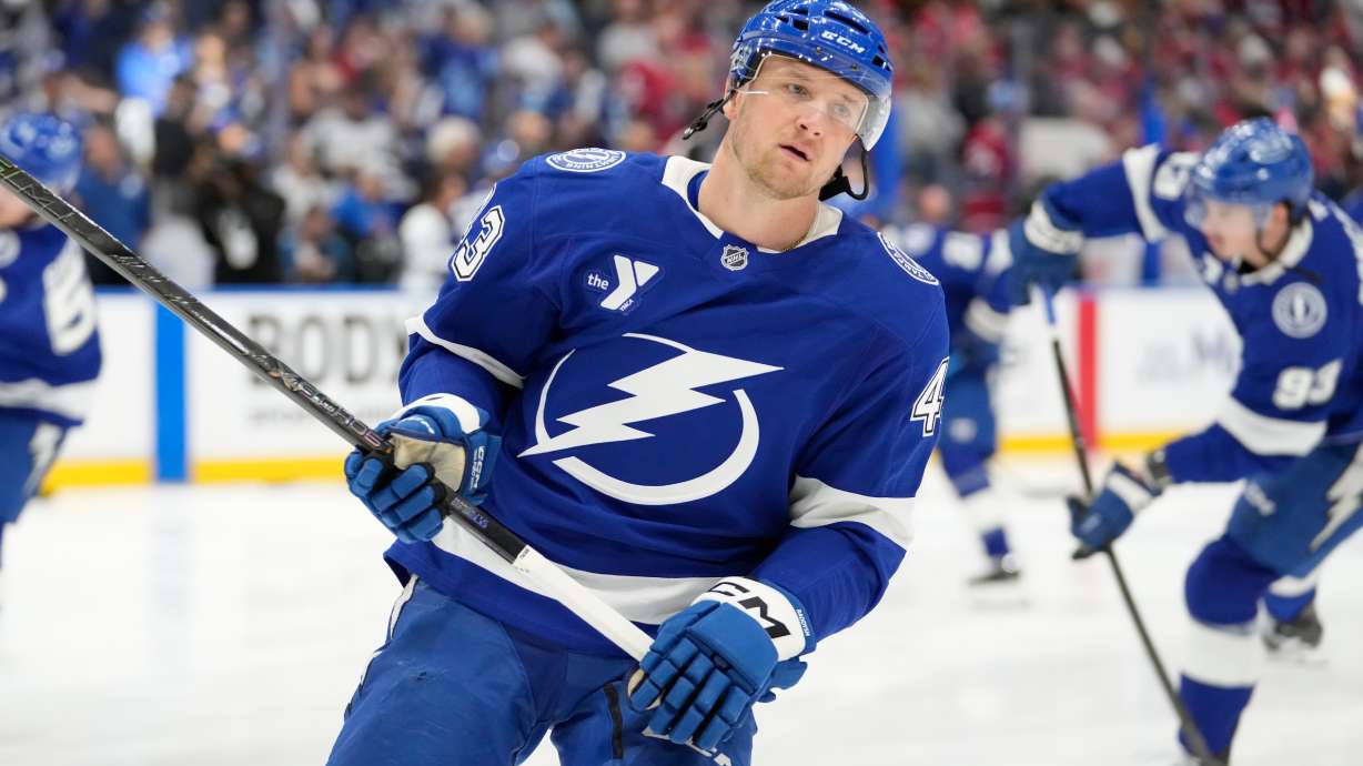 FILE - Tampa Bay Lightning defenseman Darren Raddysh (43) before Game 1 of an NHL hockey Stanley Cup first-round playoff series against the Montréal Canadiens, April 19, 2026, in Tampa, Fla.