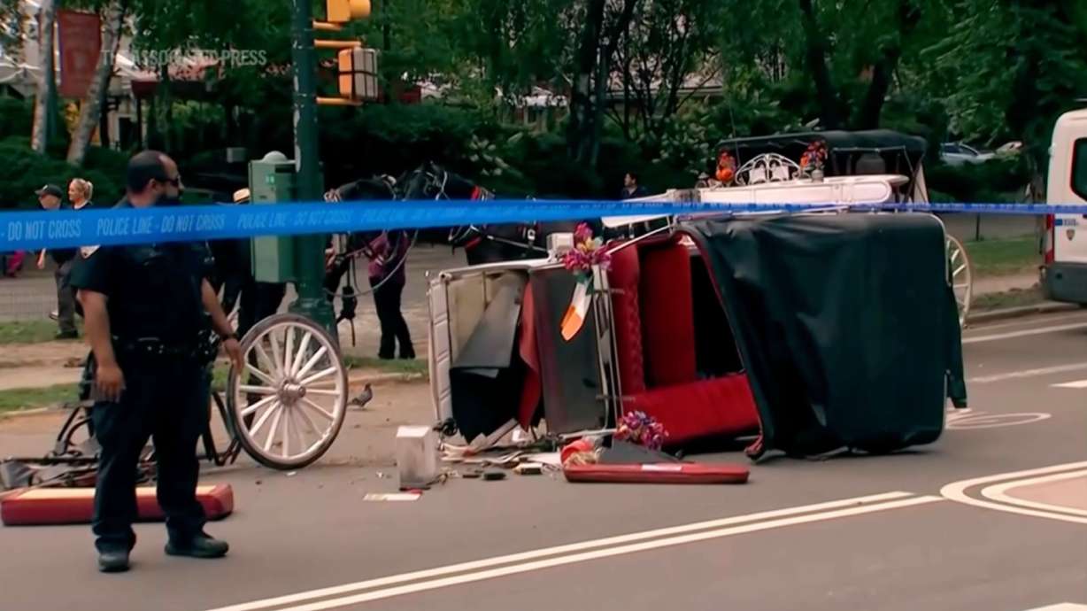 Police investigate the scene after a Central Park carriage horse bolted away from its driver, killing a teenager from India on Wednesday, in New York. Rides are on hold until at least Tuesday, the drivers' union said.