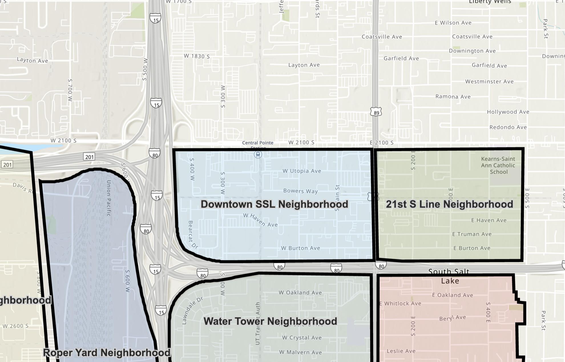 A map of South Salt Lake shows the area designated as the city's downtown neighborhood.
