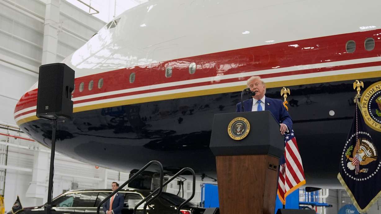 President Donald Trump speaks after touring the newly designated Air Force One presidential aircraft at Joint Base Andrews, Md., Friday. The formerly Qatari-owned jumbo jet was converted into the official U.S. presidential jet.