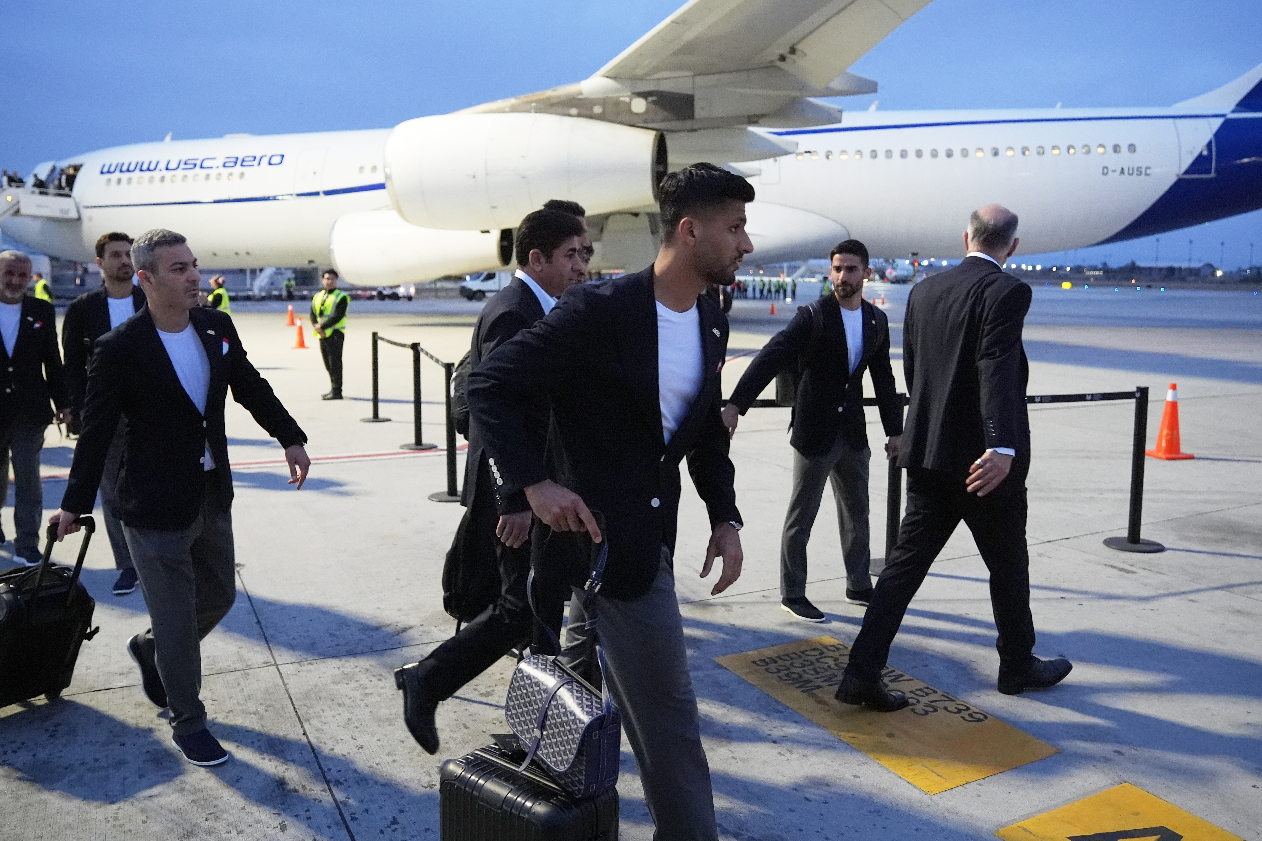 Players for Iran arrive for the World Cup soccer tournament in Tijuana, Mexico, Sunday, June 7, 2026.