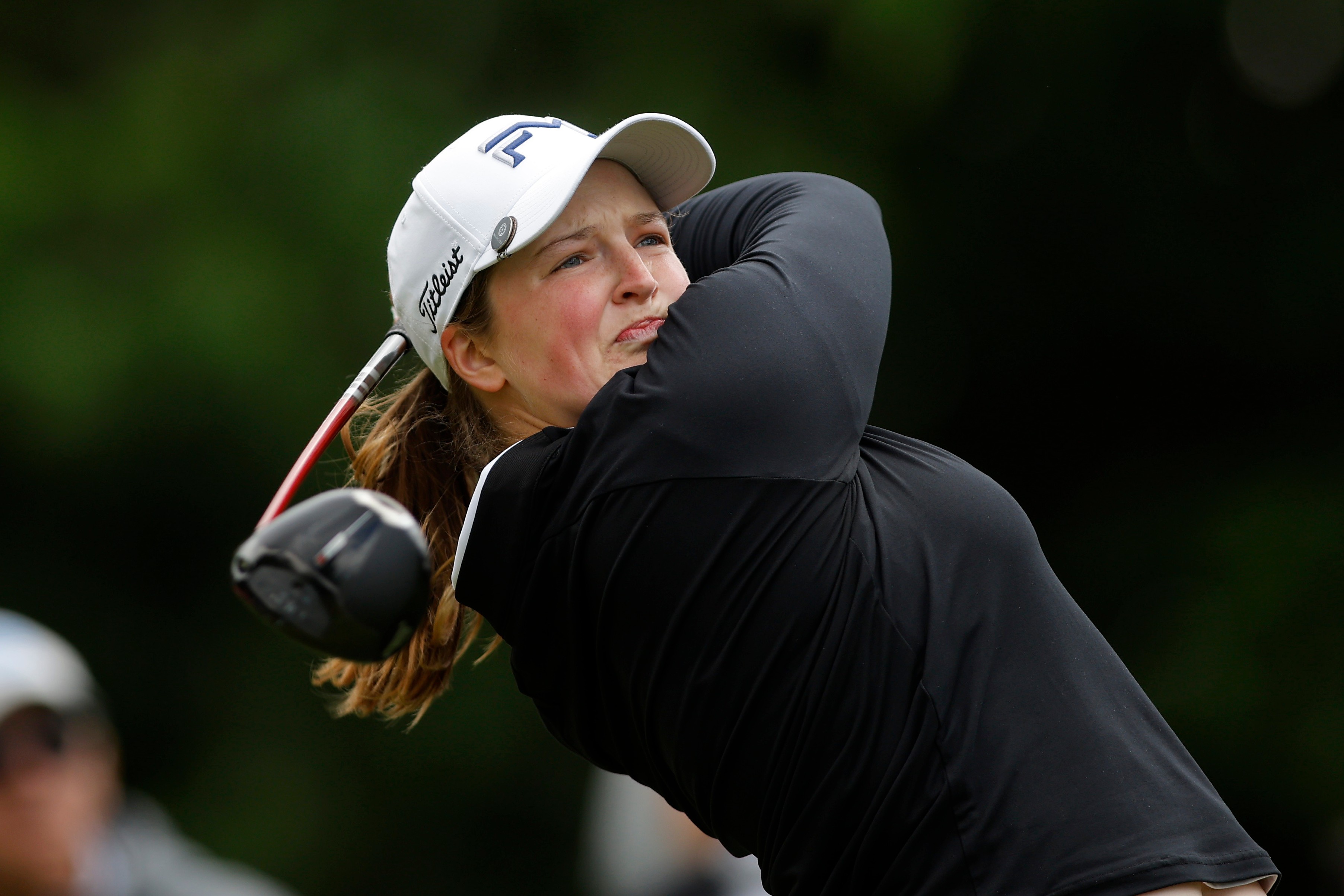 Lottie Woad, of England, watches her tee shot on the fourth hole during the first round of the Meijer LPGA Classic golf tournament, Thursday, June 18, 2026, in Belmont, Mich.
