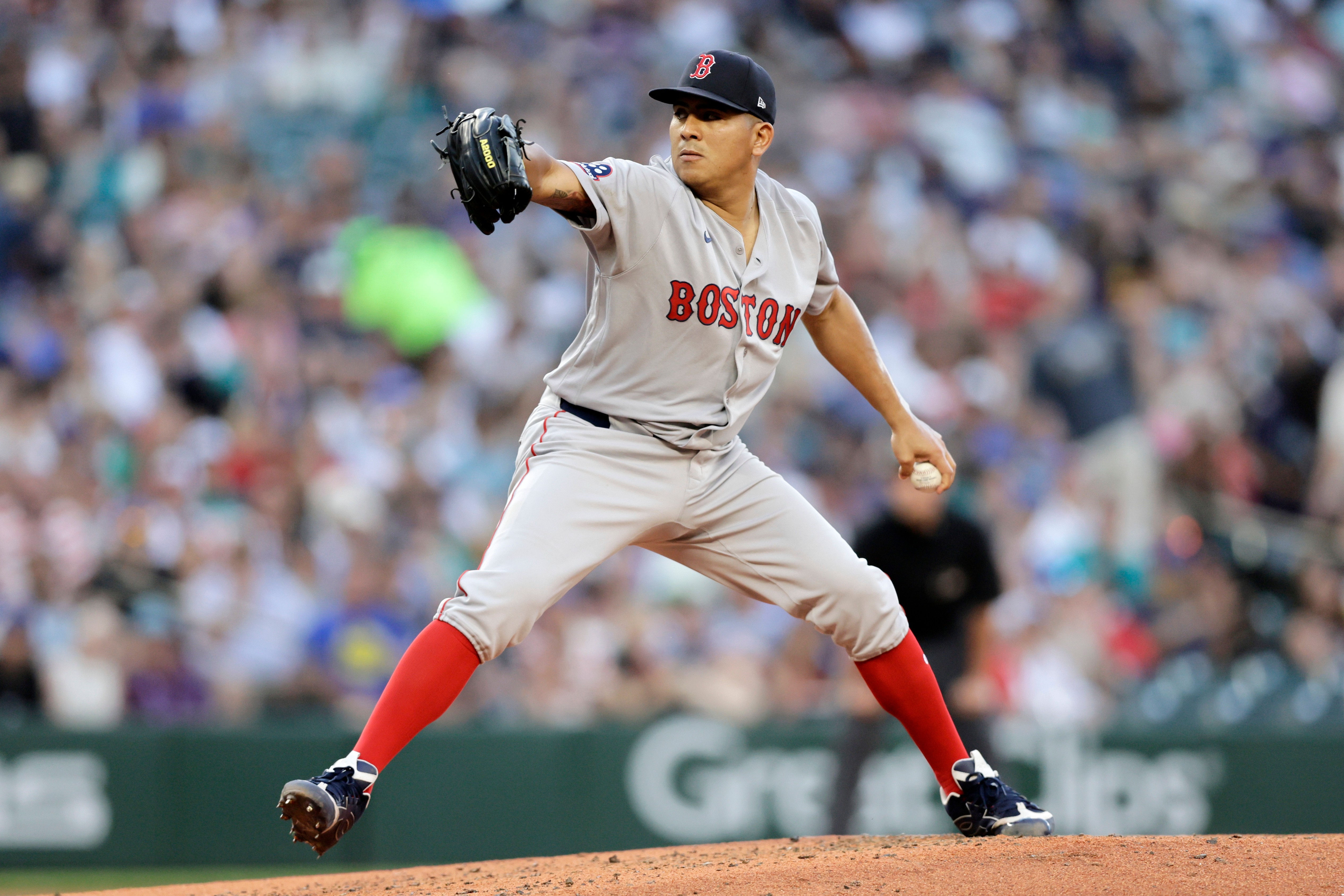Boston Red Sox starting pitcher Ranger Suarez throws against the Seattle Mariners during the fifth inning of a baseball game, Friday, June 19, 2026, in Seattle. 
