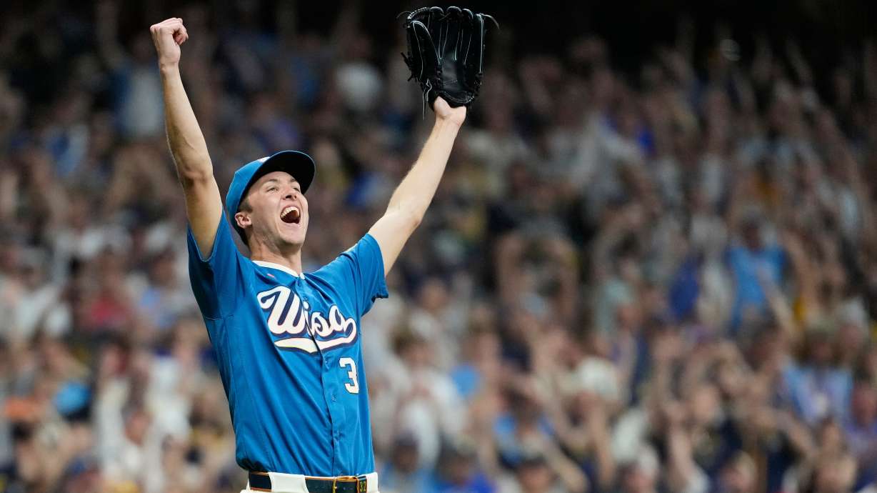 Milwaukee Brewers' Jacob Misiorowski reacts after recording the final out during the ninth inning of a baseball game against the Philadelphia Phillies, Friday, June 12, 2026, in Milwaukee.
