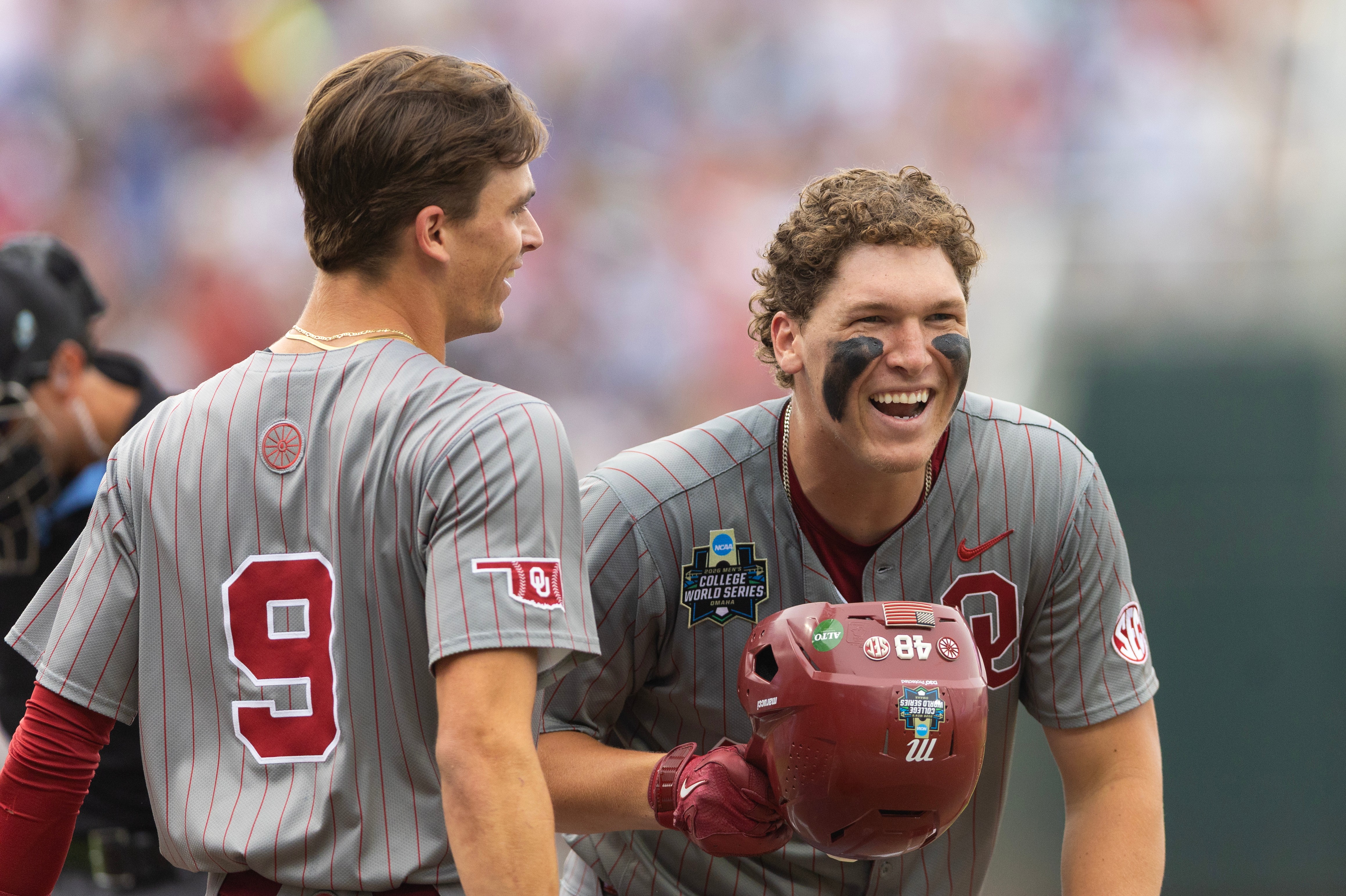 Oklahoma's Deiten Lachance, right, celebrates with Camden Johnson after hitting a two-run home run against North Carolina in the first inning of Game 1 of the NCAA College World Series baseball finals in Omaha, Neb., Saturday, June 20, 2026.