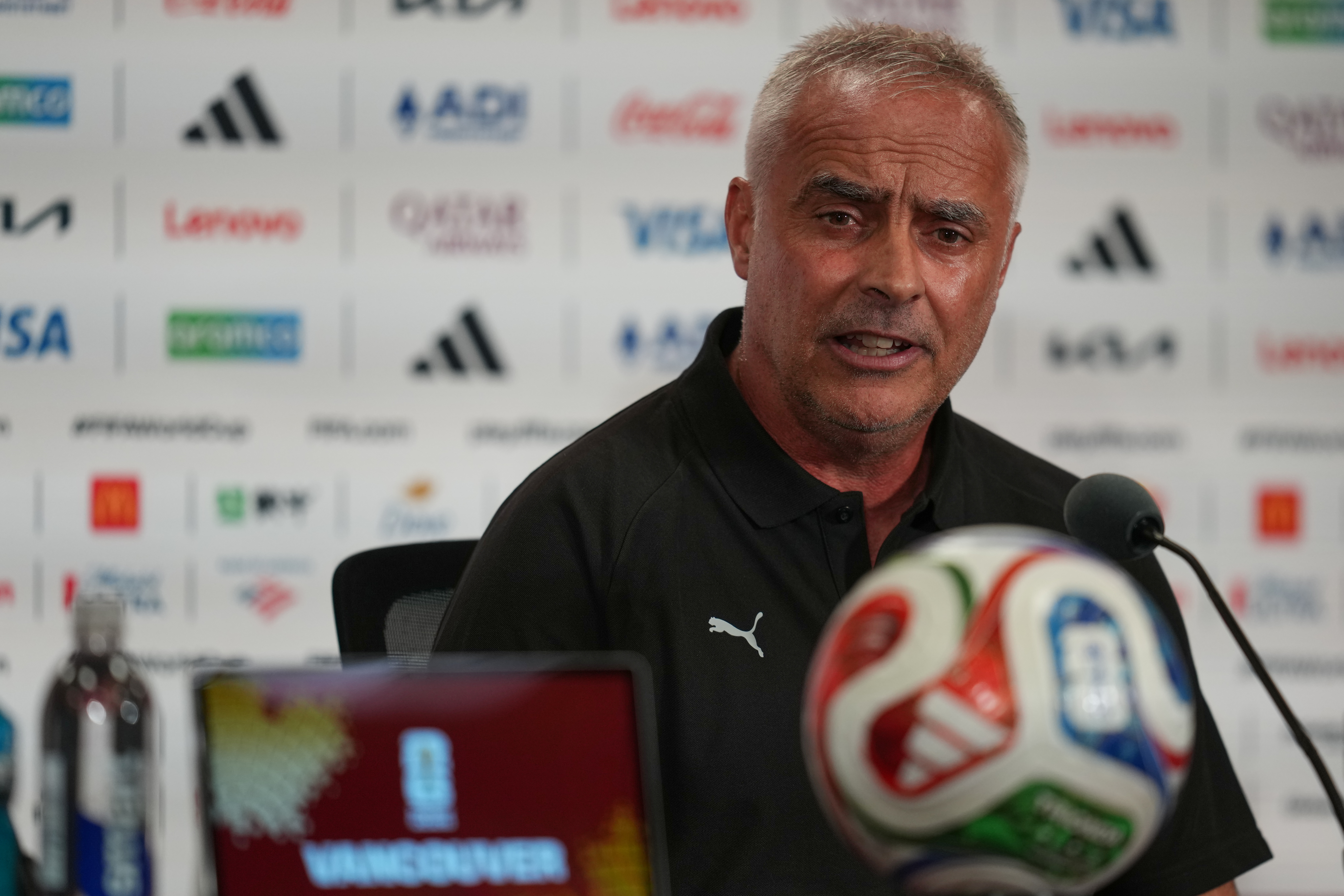 New Zealand head coach Darren Bazeley listens to a question during a press conference on the eve of the team's World Cup soccer match against Egypt, Saturday, June 20, 2026 in Vancouver, British Columbia.