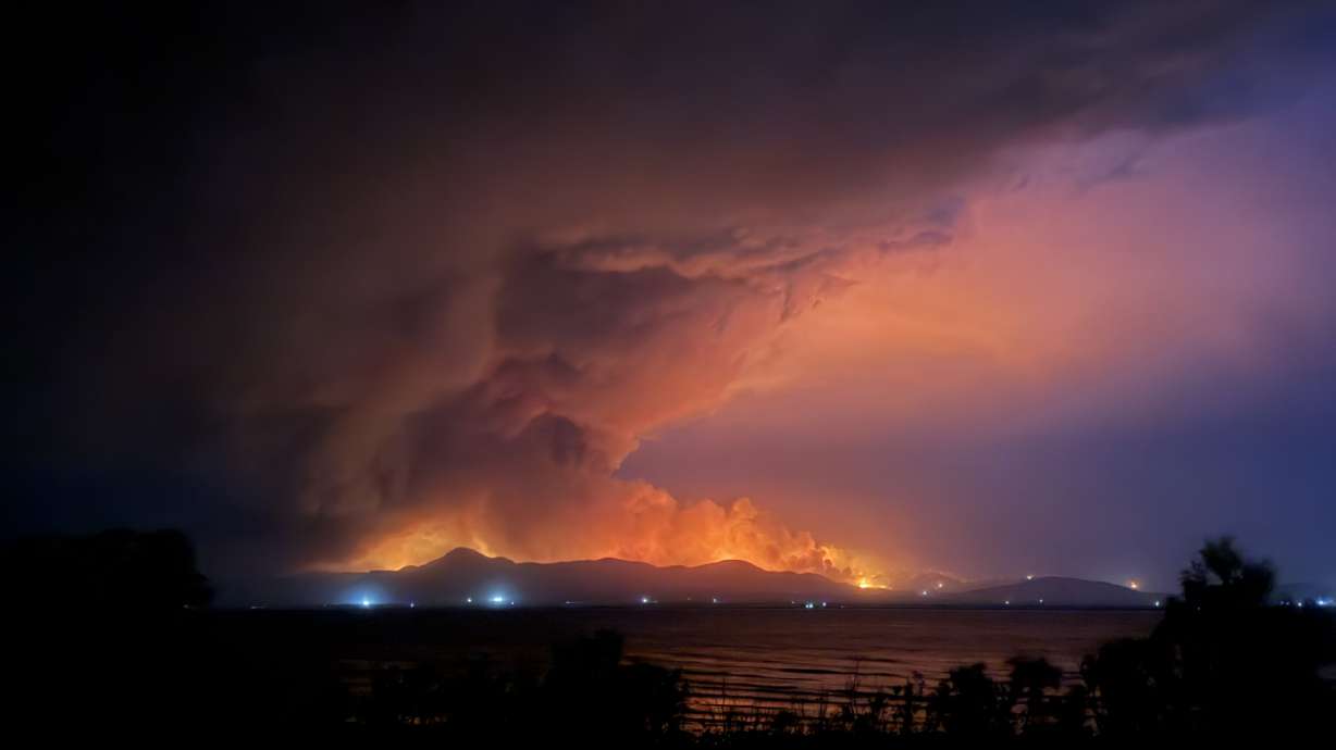 View of the Iron Fire from across Utah Lake at Goose Point.