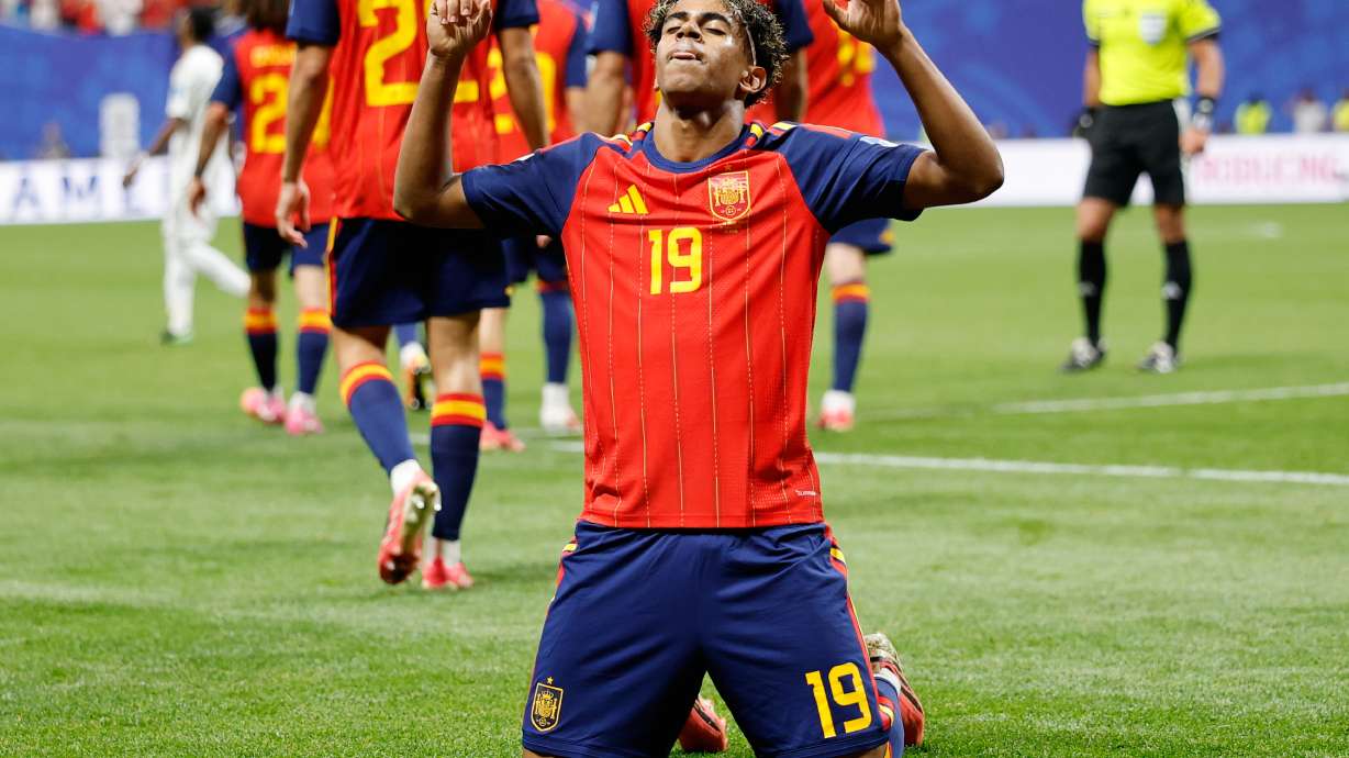 Spain's Lamine Yamal celebrates after scoring his side's opening goal during the World Cup Group H soccer match between Spain and Saudi Arabia in Atlanta, Sunday, June 21, 2026.