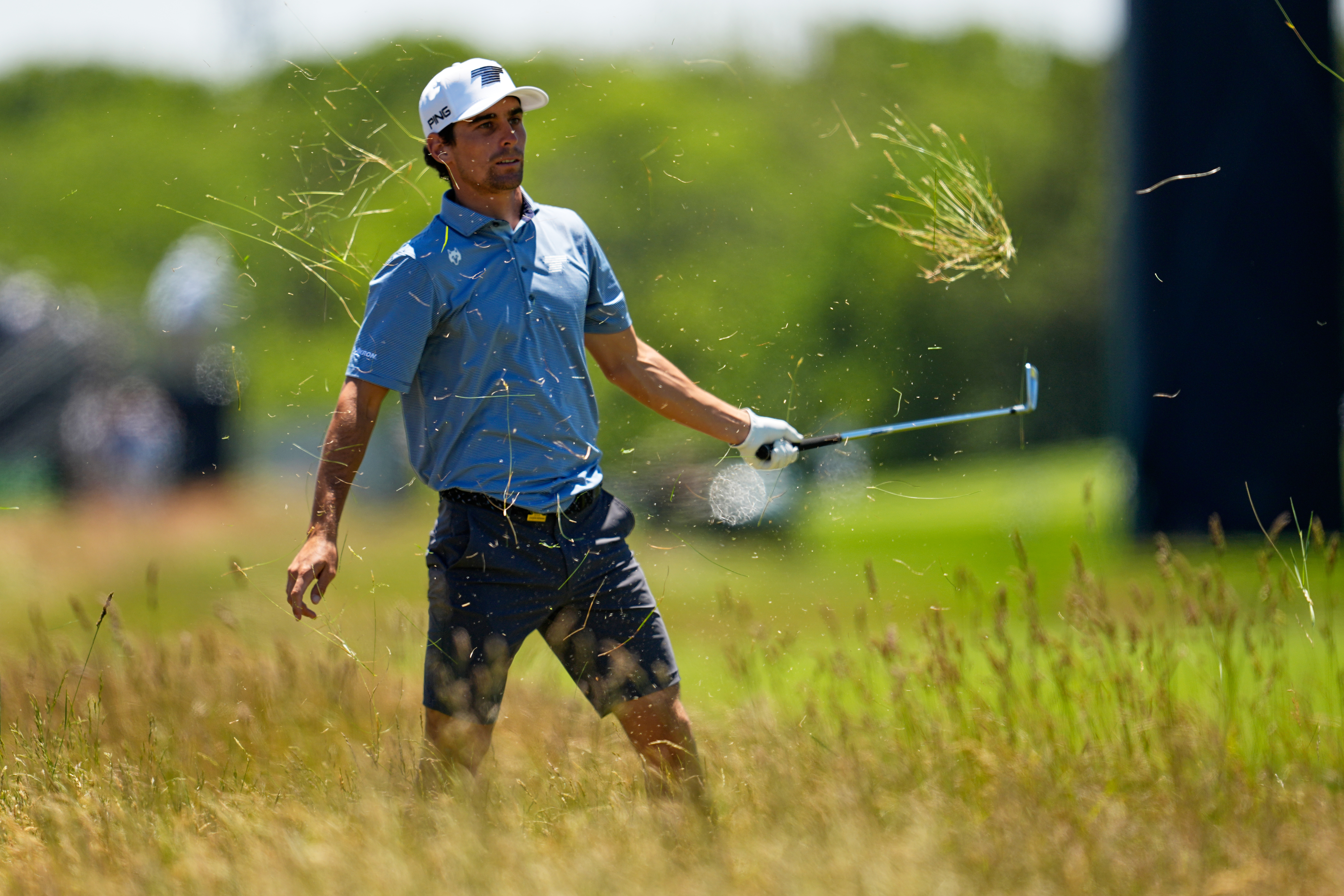 Joaquin Niemann hits from the rough on the third hole during a practice round for the U.S. Open golf tournament at Shinnecock Hills Golf Club in Southampton, N.Y., Tuesday, June 16, 2026.