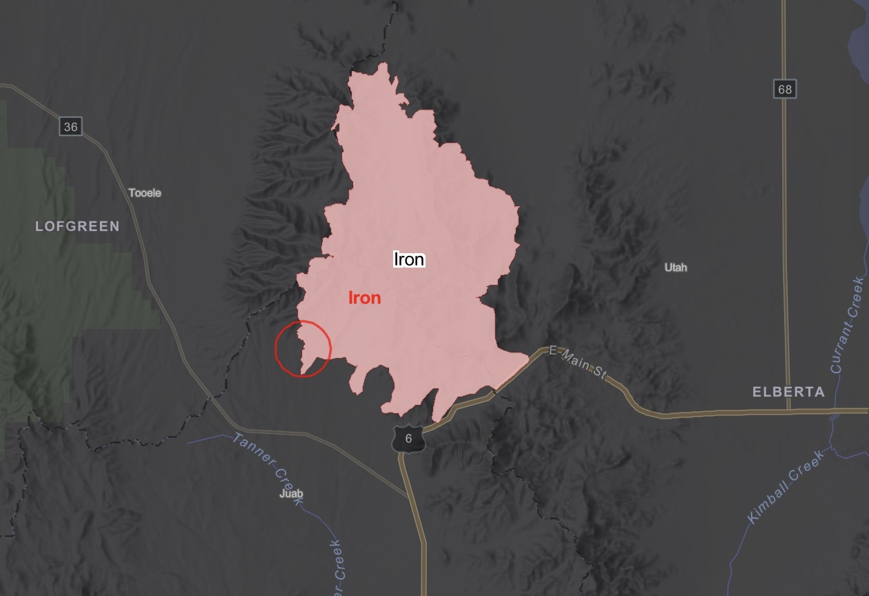 A map shows the location of the Iron Fire burning in Juab County.
