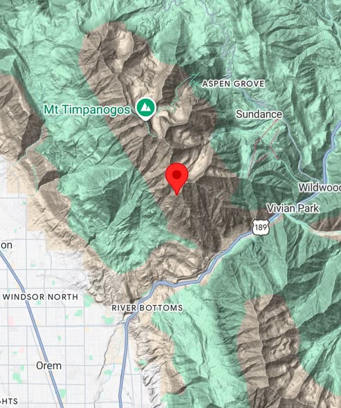 A map showing where a paraglider crashed on Sunday in Provo Canyon.