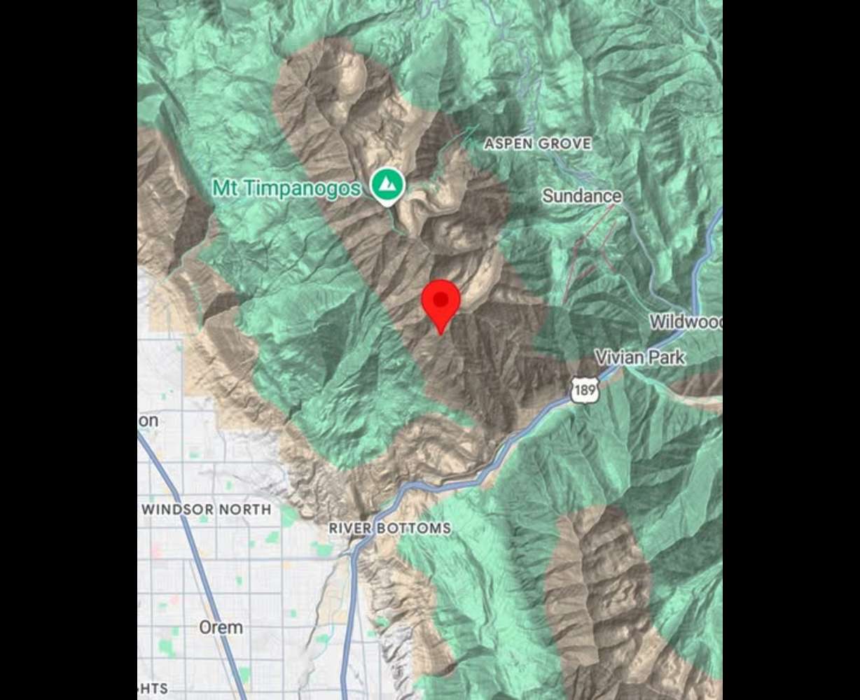 A map showing where a paraglider crashed on Sunday in Provo Canyon.