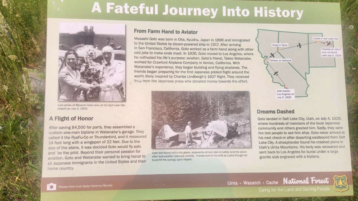 The memorial in Wasatch County near the site of a Japanese aviator's 1929 plane crash has been upgraded and was rededicated on Saturday. The photo shows one of three new educational panels at the site.
