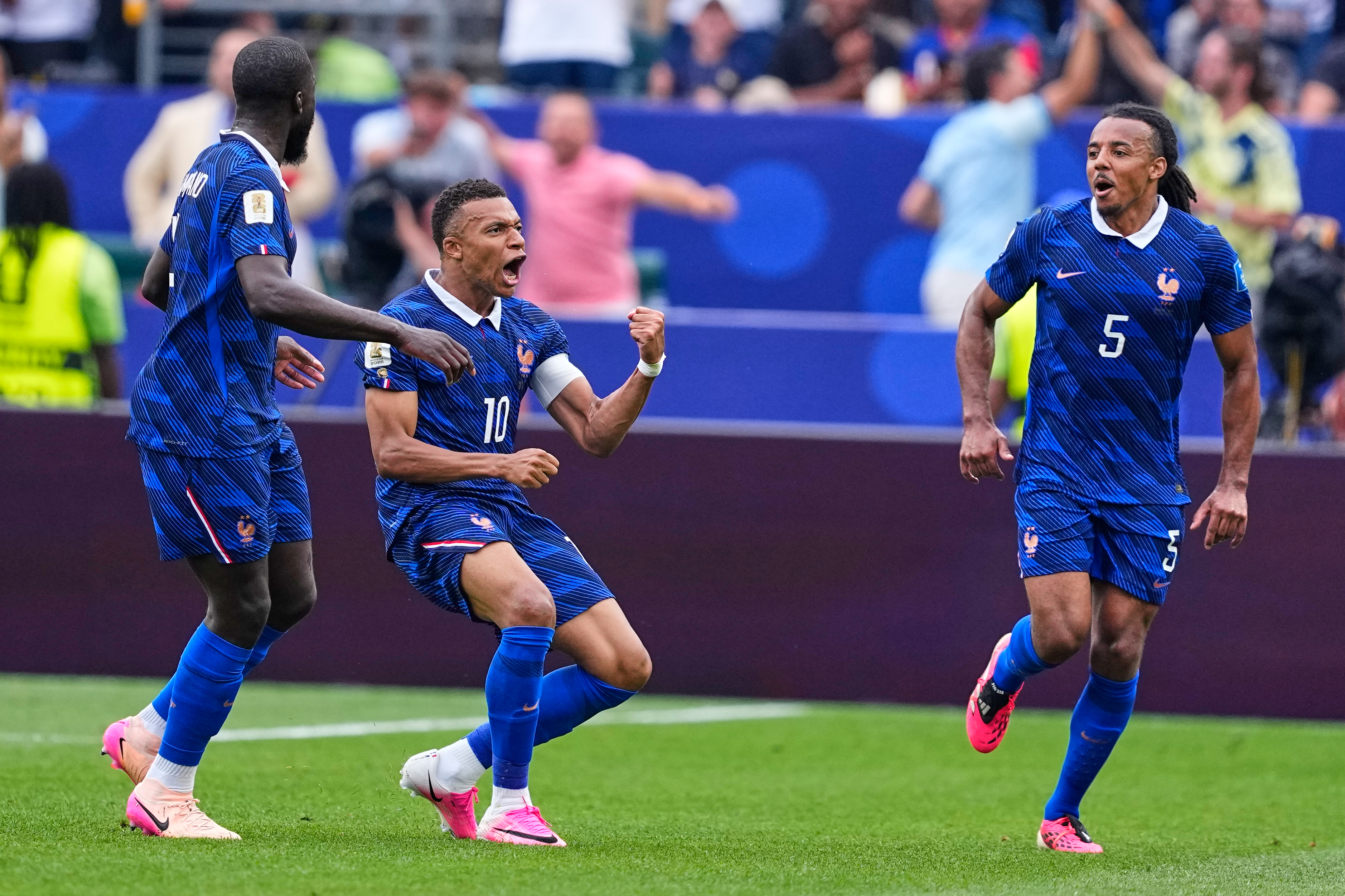 France's Kylian Mbappe (10) celebrates after scoring his team's first goal during the World Cup Group I soccer match between France and Iraq in Philadelphia, Monday, June 22, 2026.