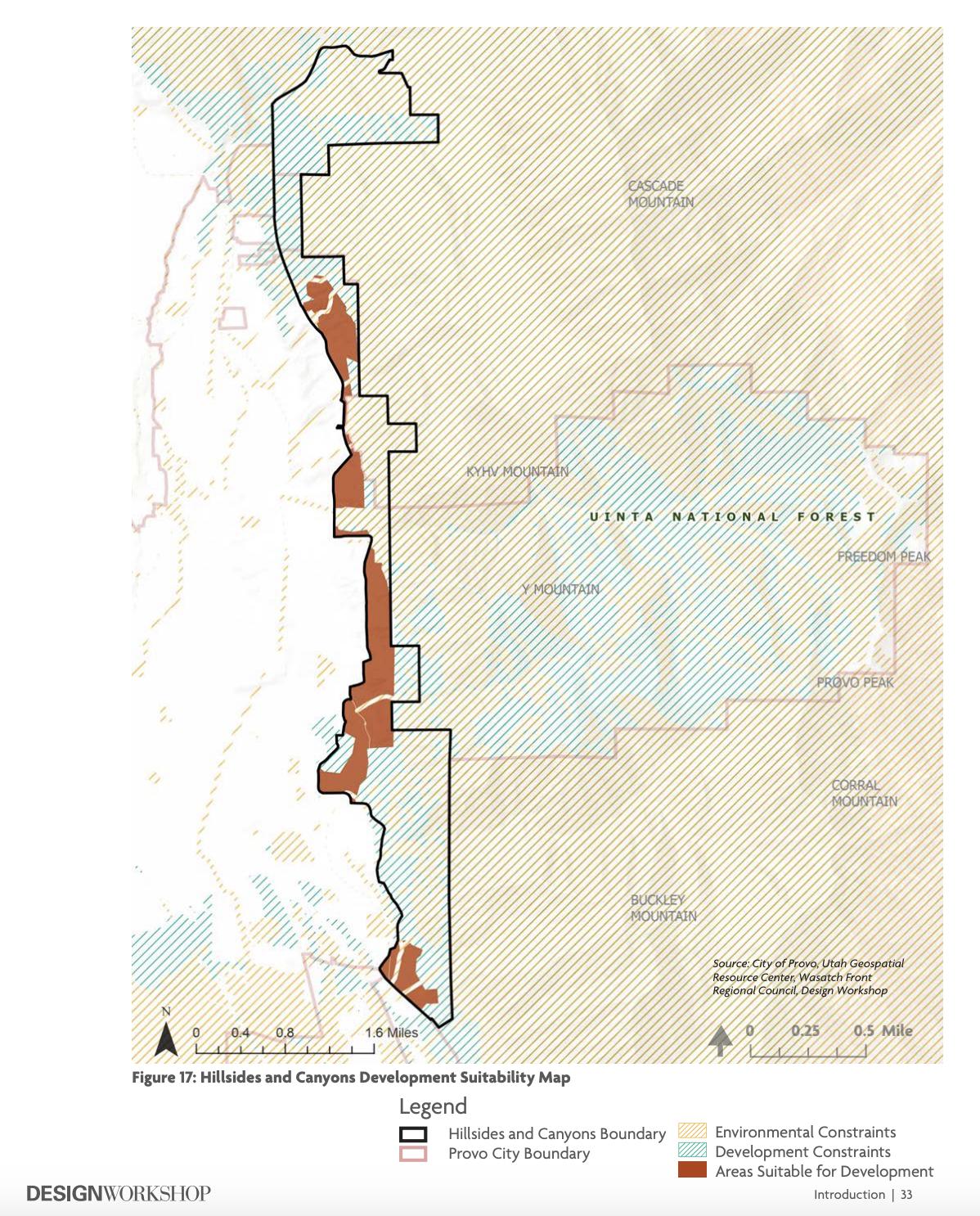A map from Provo's Hillsides and Canyons Plan showing what areas of the hillsides and canyons boundary are suitable for development and if they face ecological or developmental constraints.