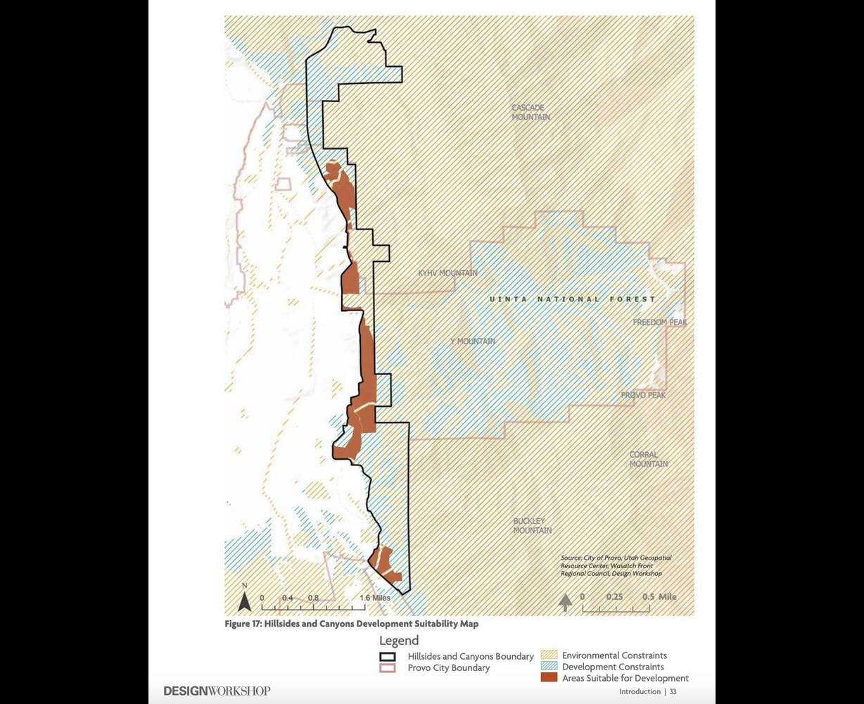 A map from Provo's Hillsides and Canyons Plan showing what areas of the hillsides and canyons boundary are suitable for development and if they face ecological or developmental constraints.