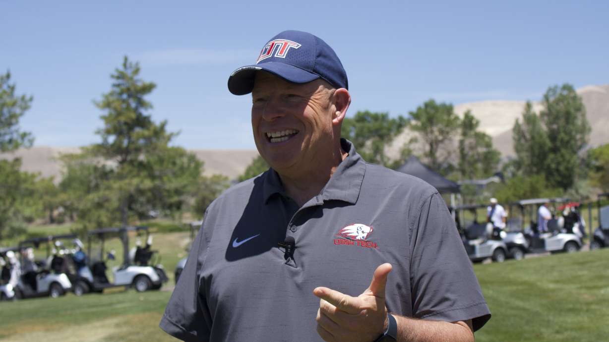 Utah Tech football coach Lance Anderson speaks with the media during a fundraising golf tournament at Thanksgiving Point Golf Club, Thursday, June 18, 2026 in Lehi, Utah.