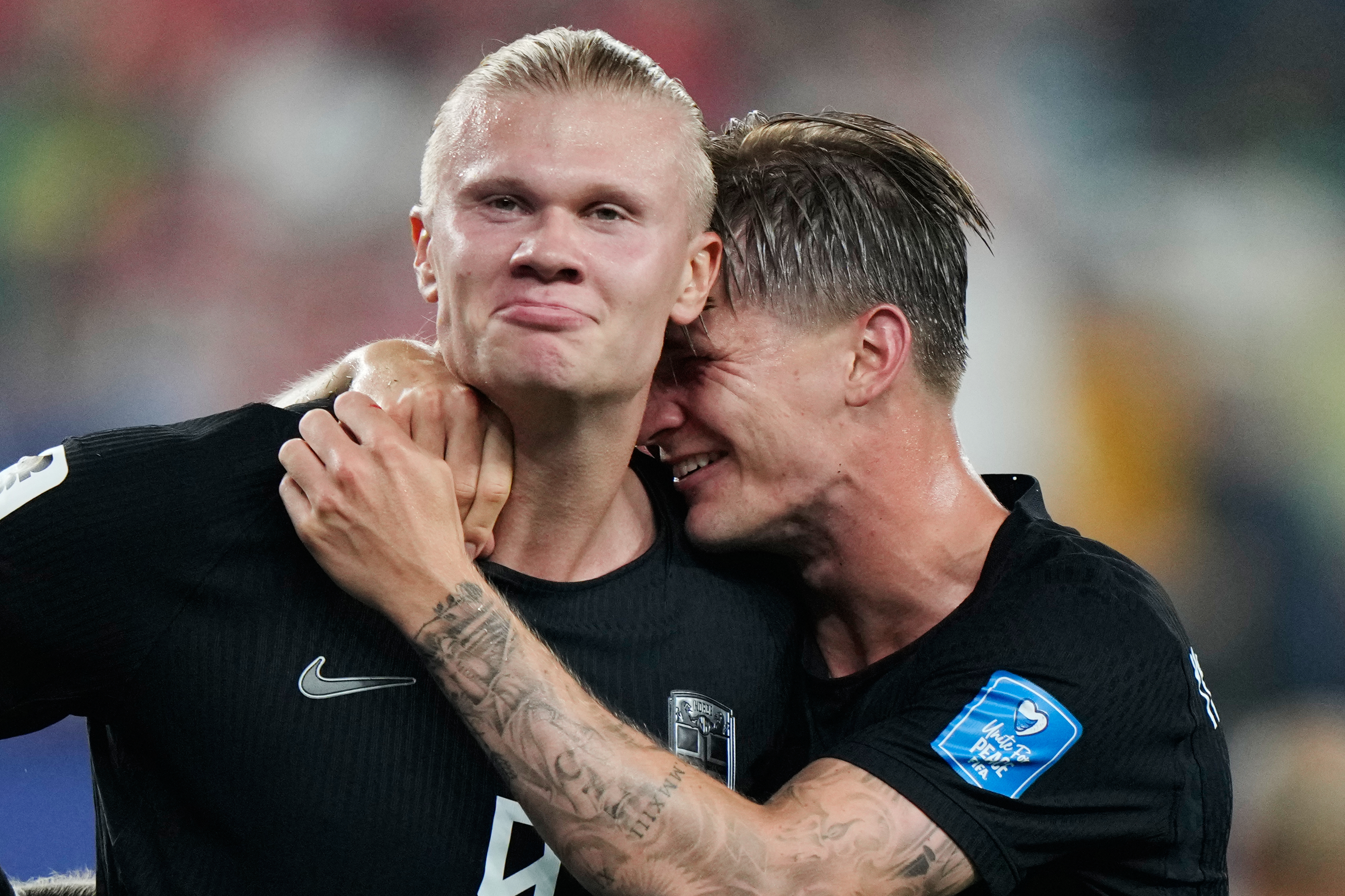 Norway's Erling Haaland, left, celebrates with David Moeller Wolfe after scoring their third goal during the World Cup Group I soccer match between Norway and Senegal in East Rutherford, N.J., near New York, Monday, June 22, 2026.