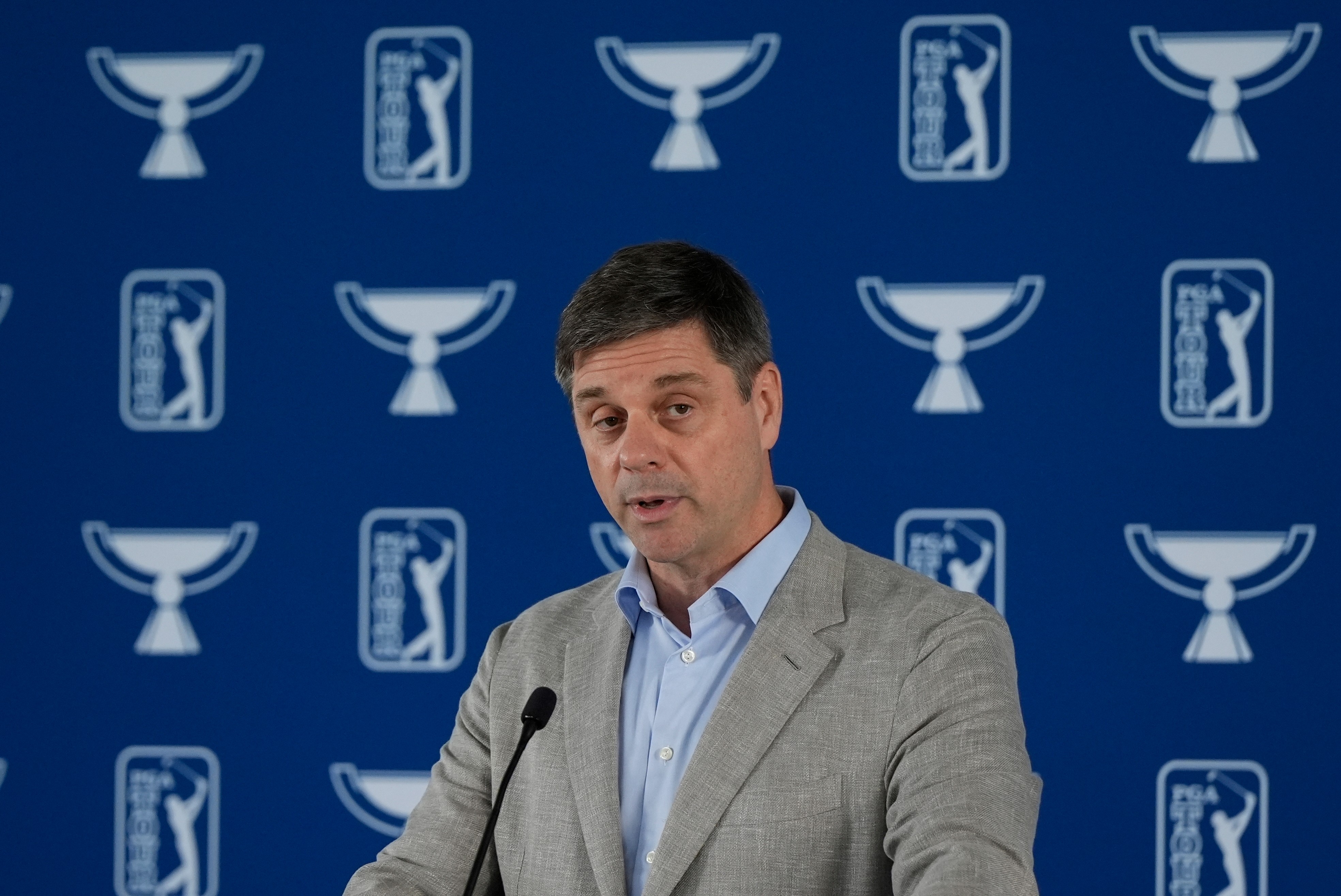 FILE - PGA Tour CEO Brian Rolapp speaks at the Tour Championship golf tournament, Wednesday, Aug. 20, 2025, in Atlanta.
