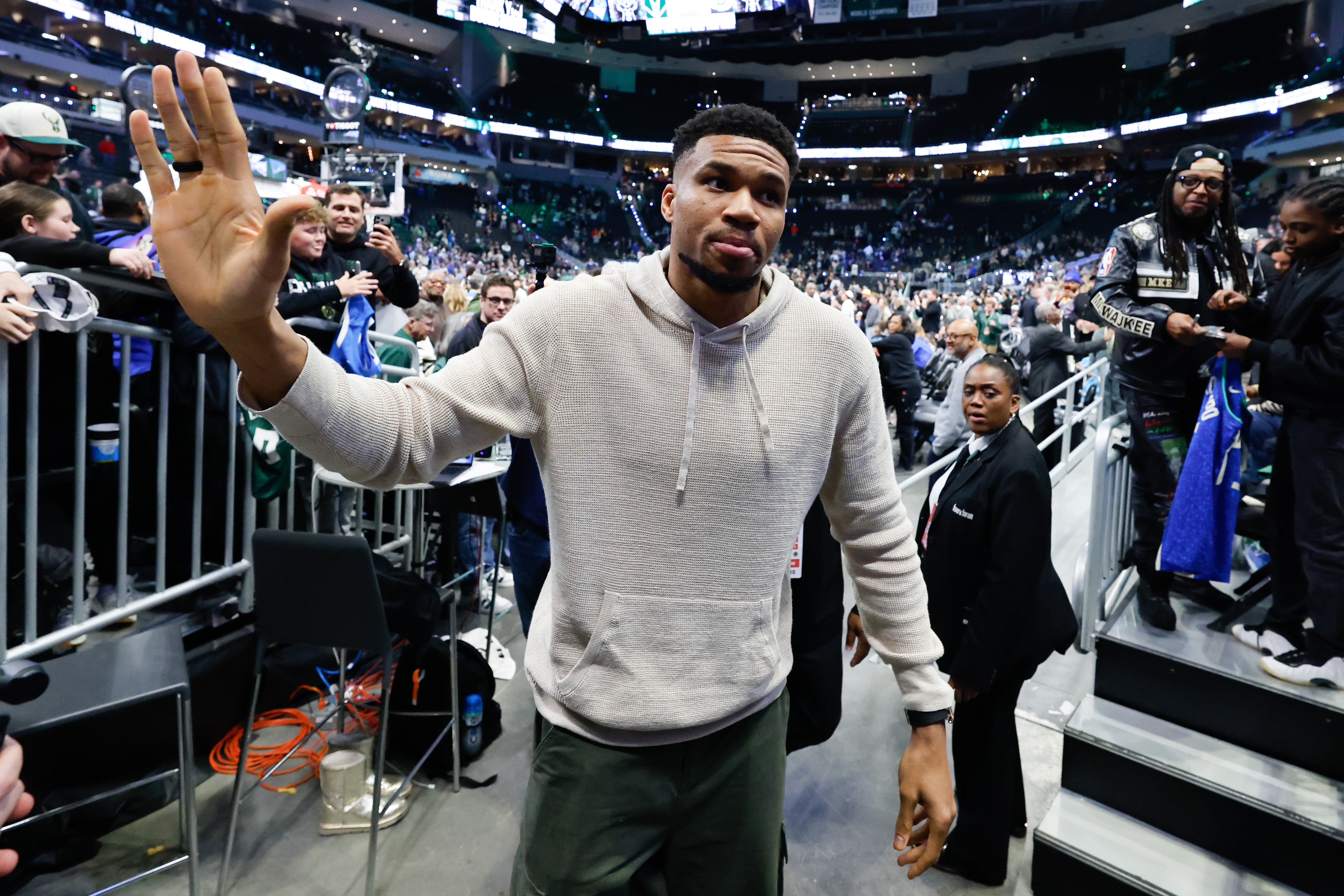 FILE - Milwaukee Bucks forward Giannis Antetokounmpo walks off the court after an NBA basketball game against the Brooklyn Nets, Friday, April 10, 2026, in Milwaukee.