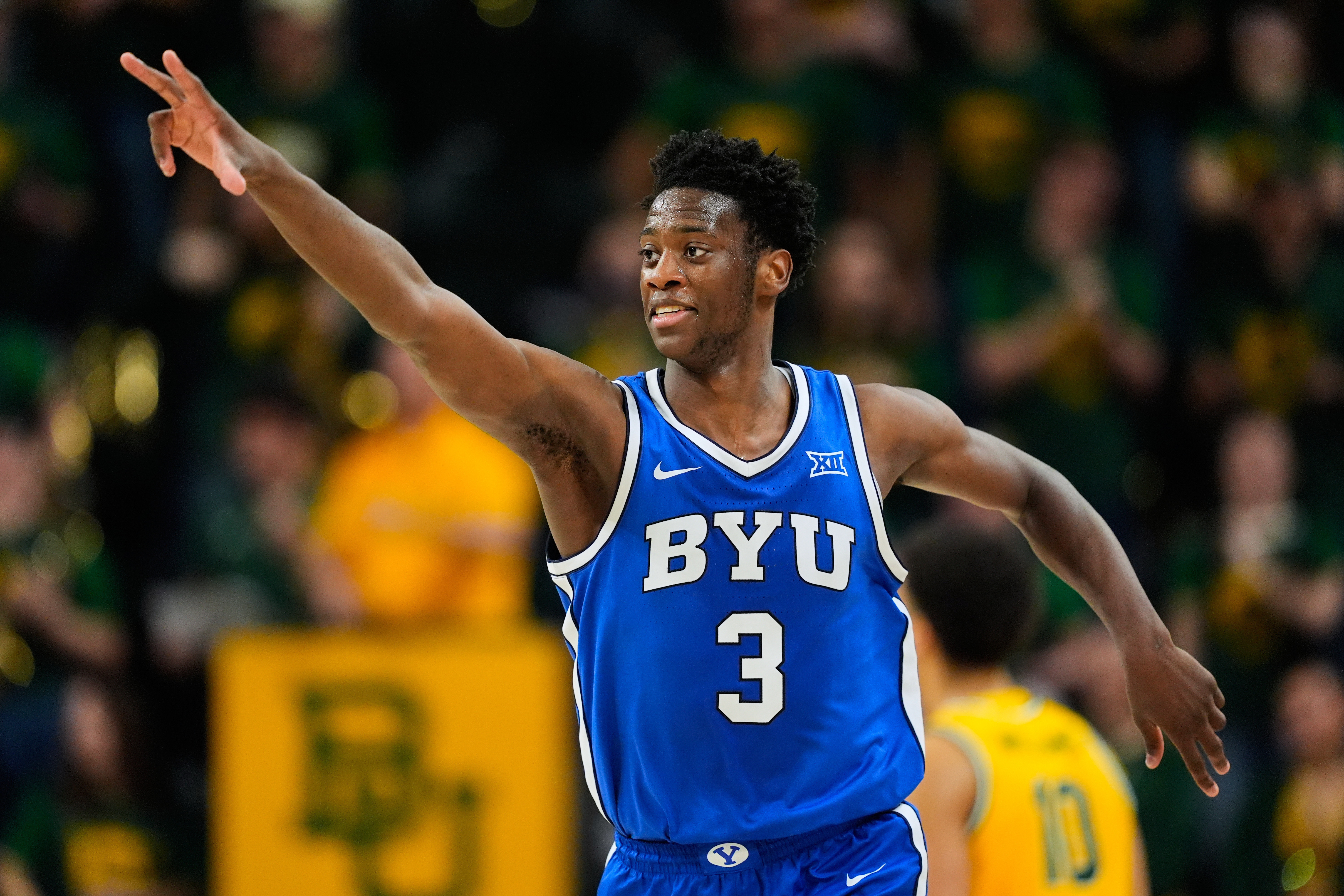 FILE - BYU forward AJ Dybantsa celebrates his three-pointer in the second half of an NCAA college basketball game against Baylor, Feb. 10, 2026, in Waco, Texas.