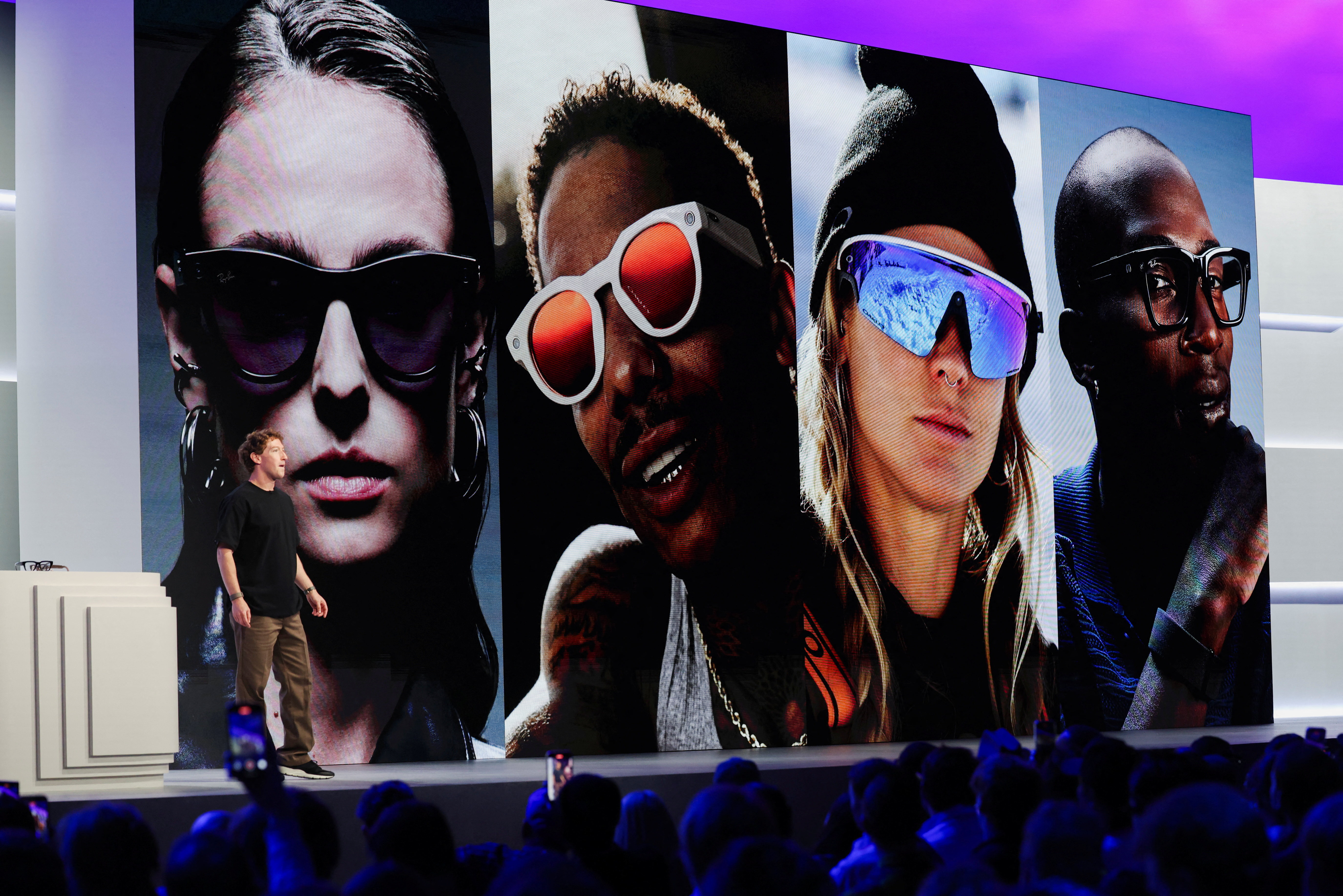 Meta CEO Mark Zuckerberg delivers a speech as he presents the new line of smart glasses, during the Meta Connect event at the company's headquarters in Menlo Park, Calif., Sept. 17. Meta unveiled a cheaper range of AI smart glasses on Tuesday.