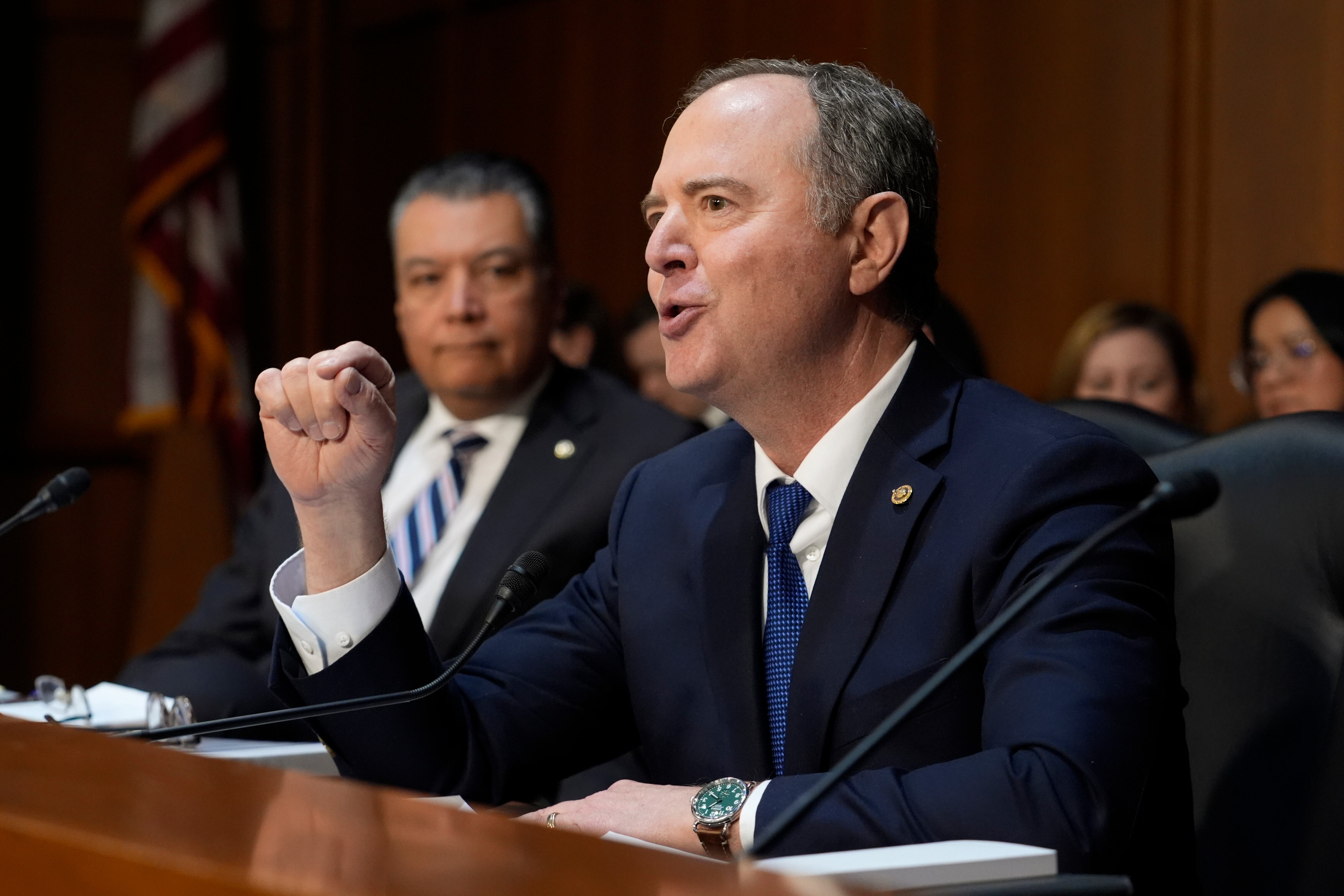 Sen. Adam Schiff, D-Calif., as Pam Bondi, then-President-elect Donald Trump's choice as attorney general, appears at a the Senate Judiciary Committee confirmation hearing at the Capitol in Washington, Jan. 15, 2025. Schiff and Sen. John Curtis sponsored a bipartisan bill establishing guardrails on AI chatbots on Tuesday.