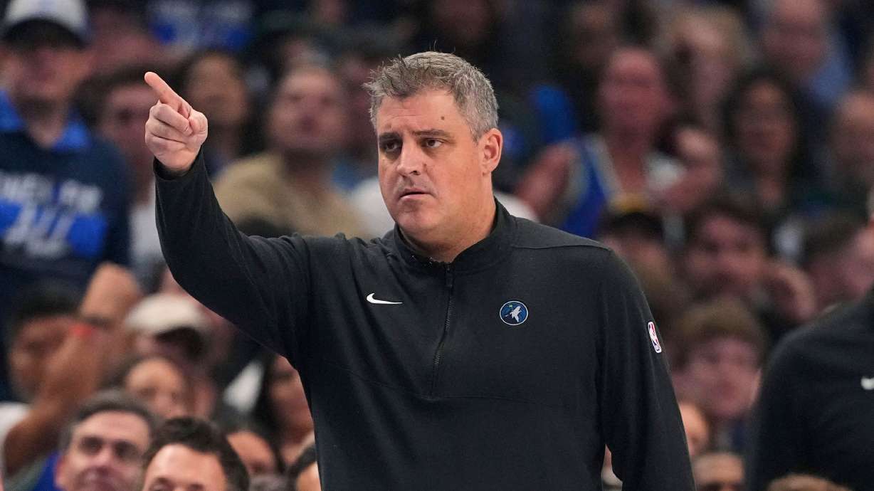 FILE - Micah Nori, the lead assistant coach of the Minnesota Timberwolves, directs play during the first half in Game 3 of the NBA basketball Western Conference finals against the Dallas Mavericks, May 26, 2024, in Dallas.