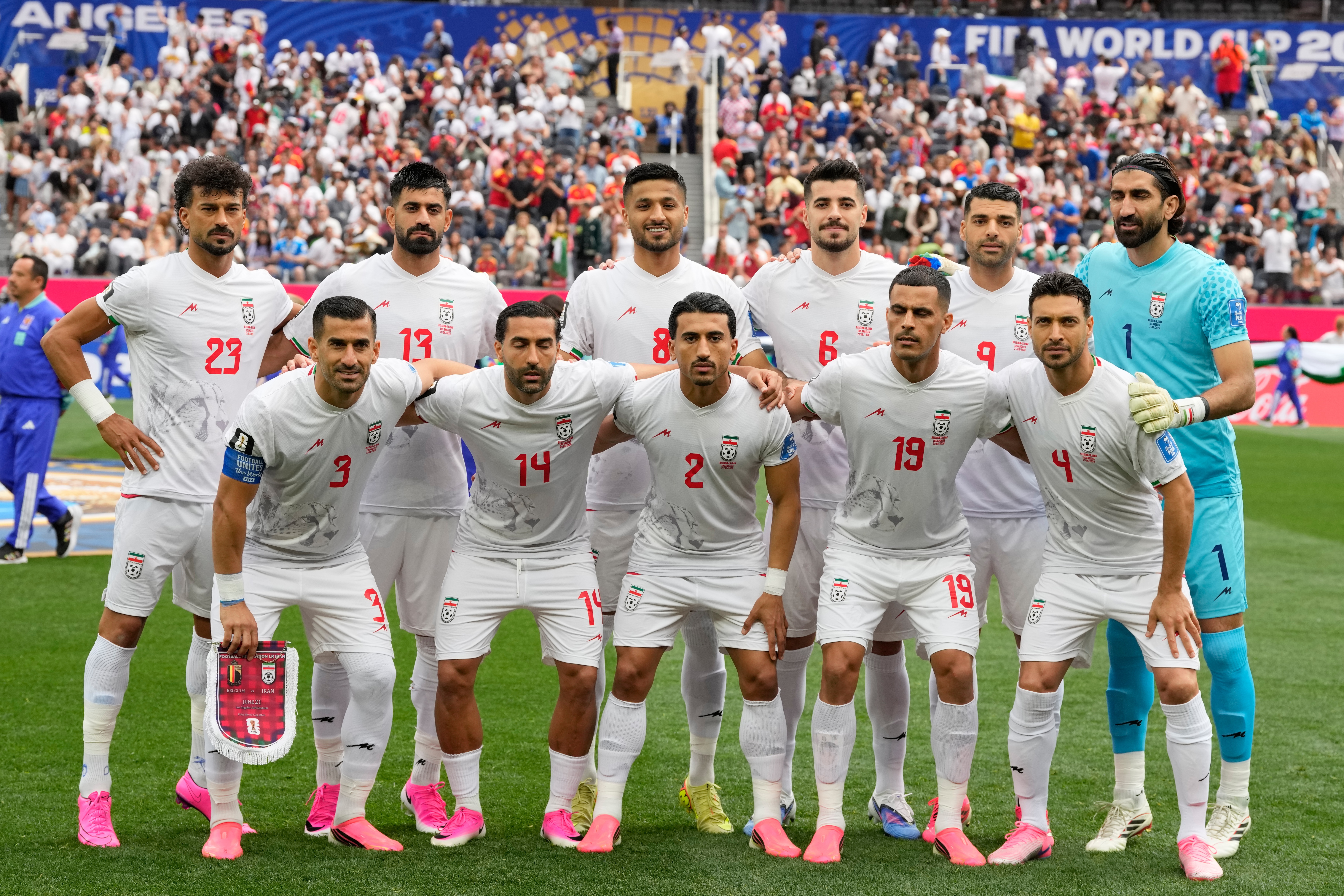 Iran team pose for a group photo prior to the World Cup Group G soccer match between Belgium and Iran in Inglewood, Calif., near Los Angeles, Sunday, June 21, 2026.