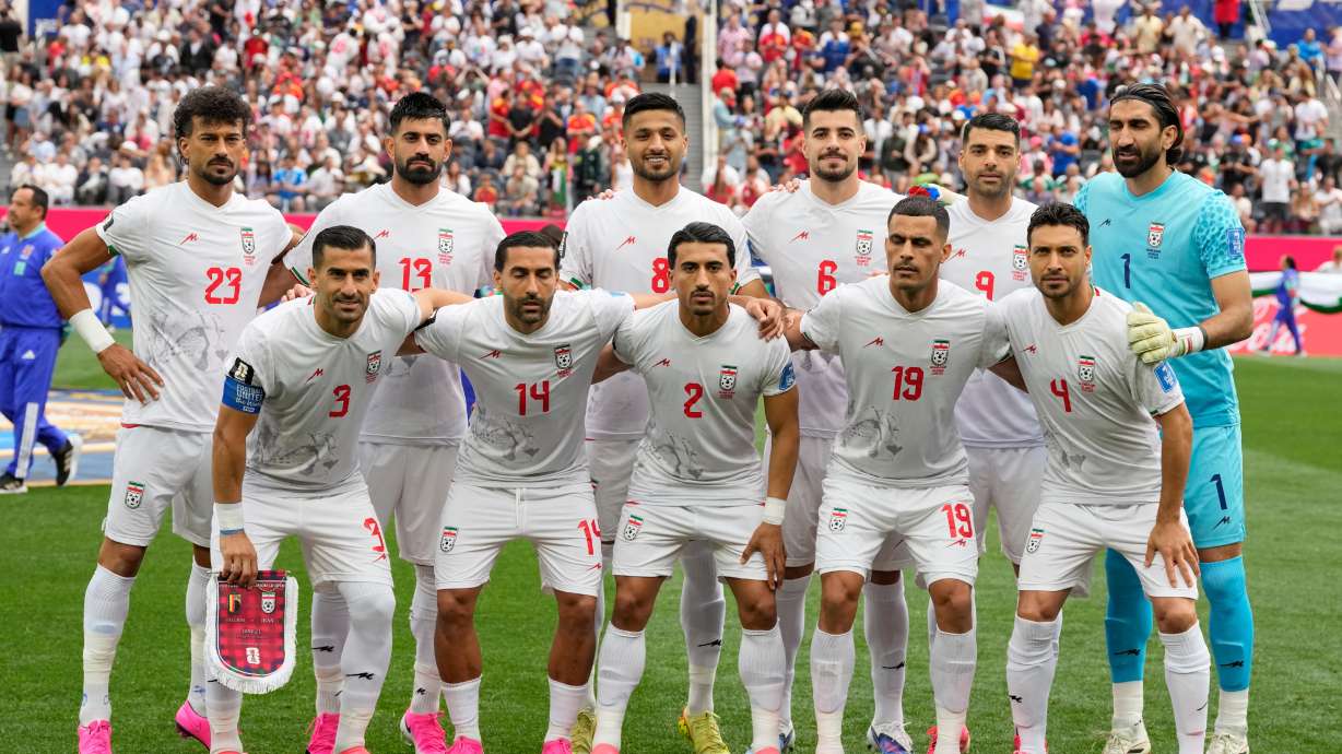 Iran team pose for a group photo prior to the World Cup Group G soccer match between Belgium and Iran in Inglewood, Calif., near Los Angeles, Sunday, June 21, 2026.