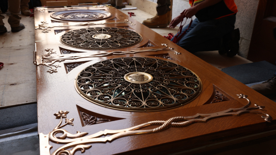 A photo, taken Tuesday, shows the intricate details that embellish the east doors of the Salt Lake Temple.