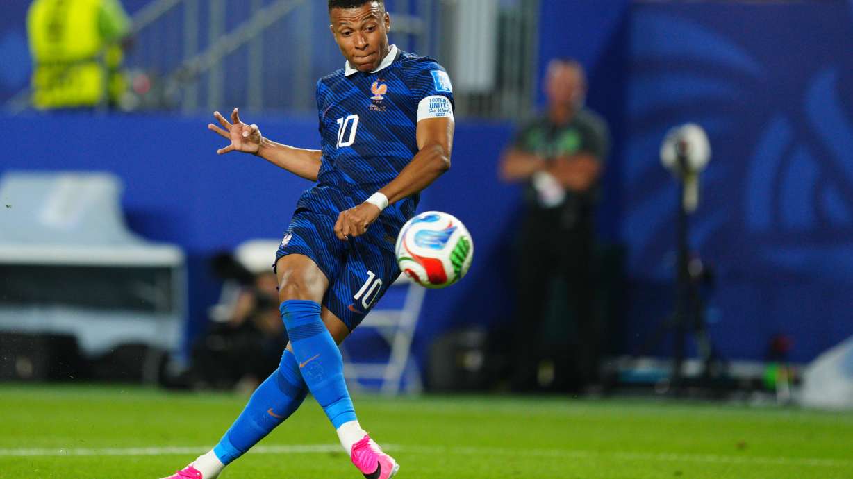 France's Kylian Mbappe (10) shoots at goal during the World Cup Group I soccer match between France and Iraq in Philadelphia, Monday, June 22, 2026.