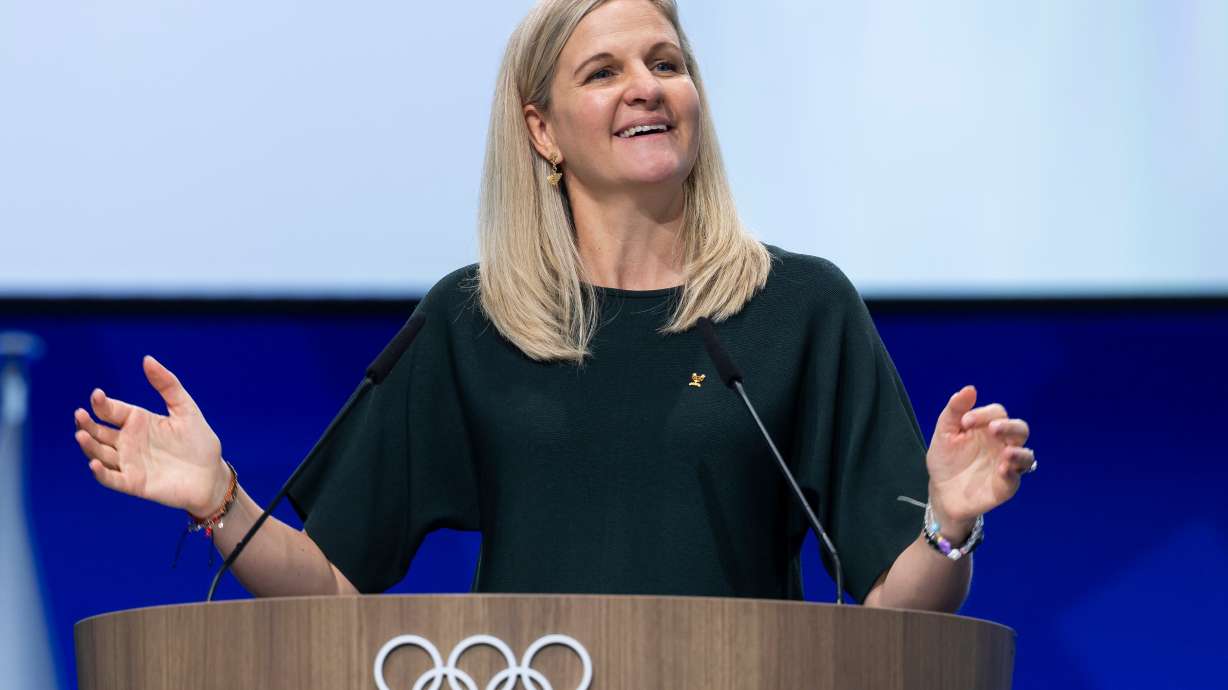 International Olympic Committee (IOC) President Kirsty Coventry, speaks during the 146th Session of the International Olympic Committee (IOC) at the SwissTech Convention Centre, in Lausanne, Switzerland, Wednesday, June 24, 2026.