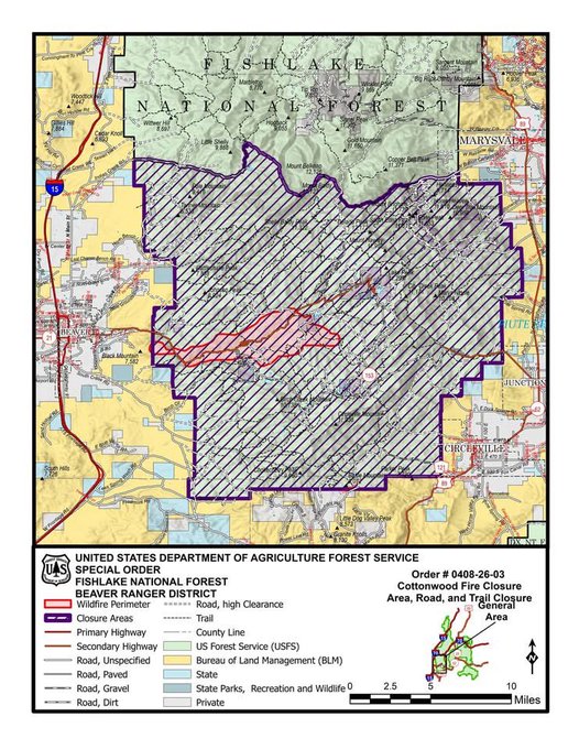 A map provided by the U.S. Forest Service showed the Cottonwood Fire perimeter and closures surrounding it, as of Tuesday evening.
