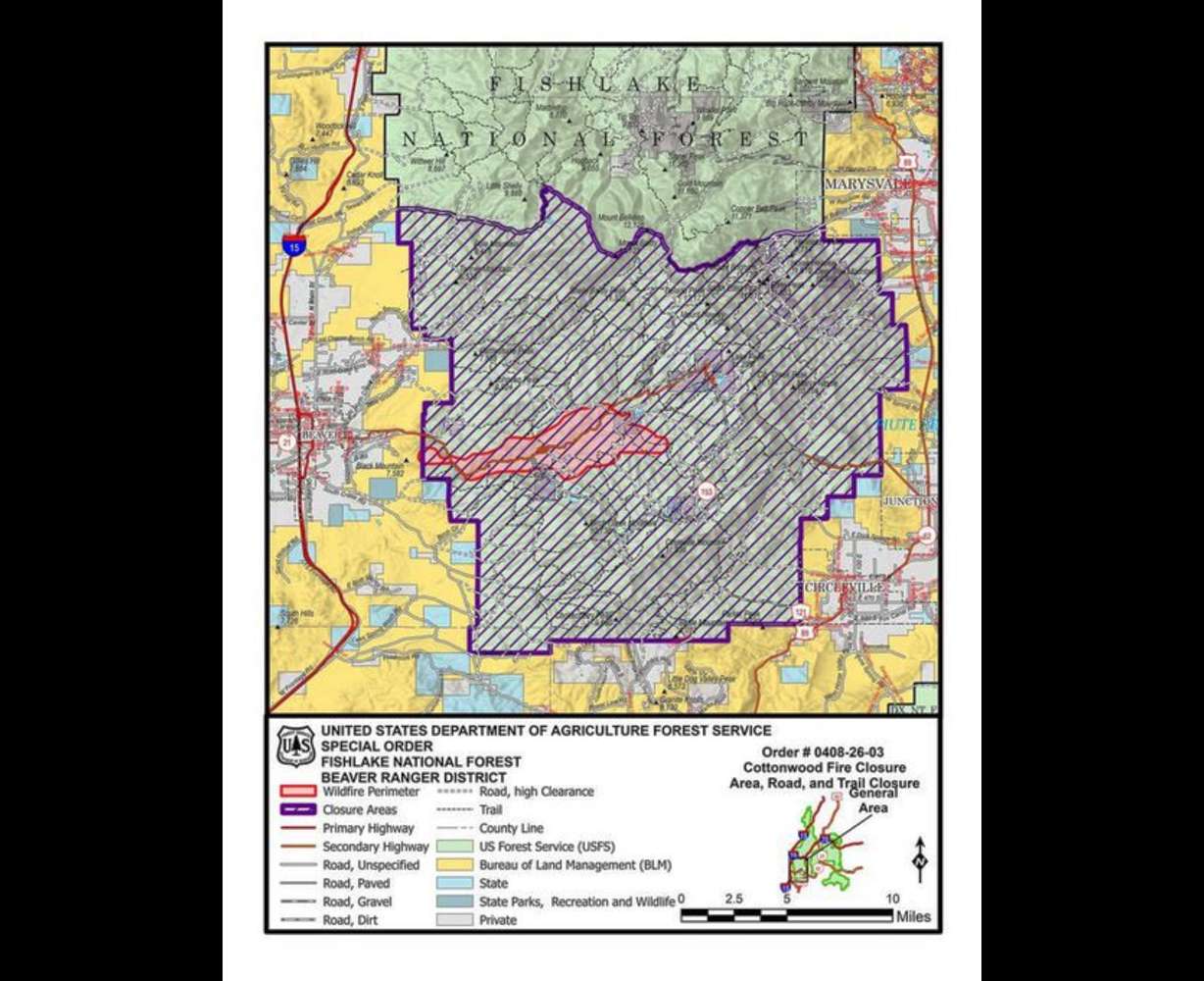 A map provided by the U.S. Forest Service showed the Cottonwood Fire perimeter and closures surrounding it, as of Tuesday evening.