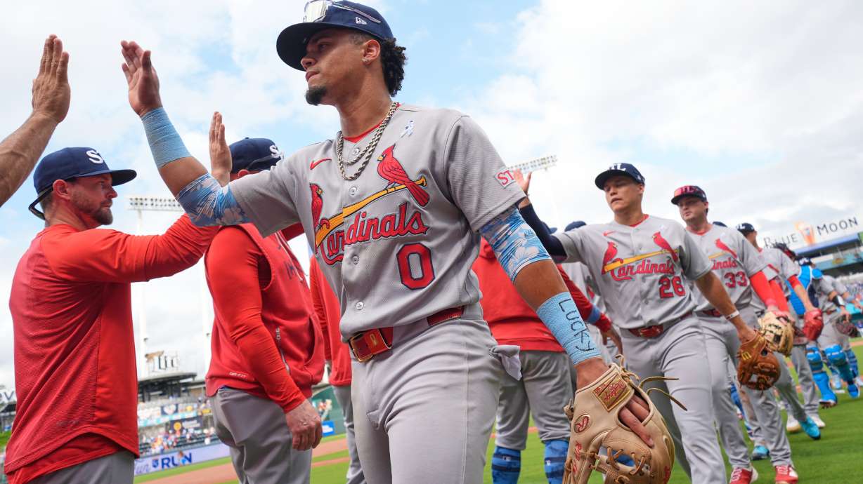 St. Louis Cardinals' Masyn Winn (0) celebrates with teammates afte a baseball game against the Kansas City Royals, Sunday, June 21, 2026, in Kansas City, Mo.