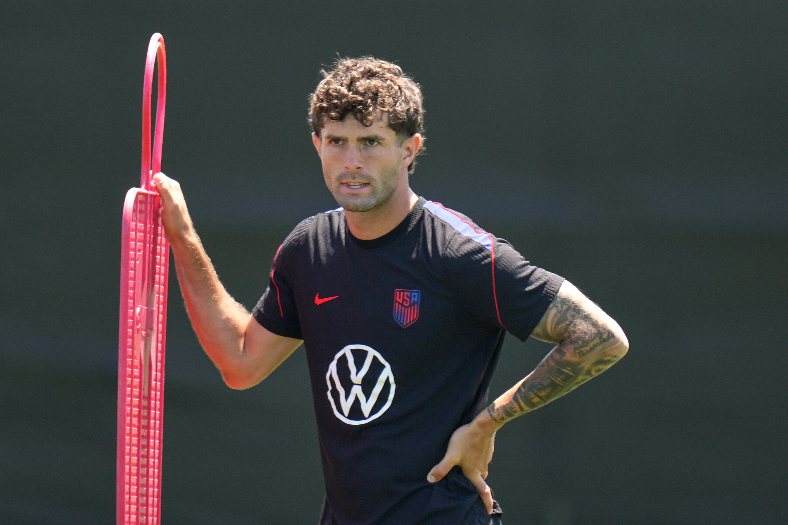 United States' Christian Pulisic attends a training session ahead of a FIFA World Cup match against Turkey in Irvine, Calif., Tuesday, June 23, 2026.
