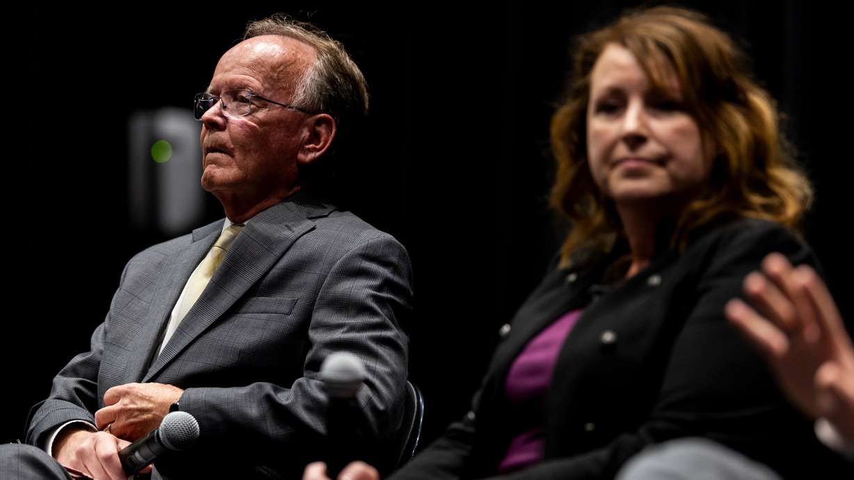 Utah Senate President Stuart Adams, left, is pictured with Stephanie Hollist at Sunset Junior High School in Sunset on June 16. Hollist defeated him in Republican primary voting on Tuesday, according to unofficial vote totals.